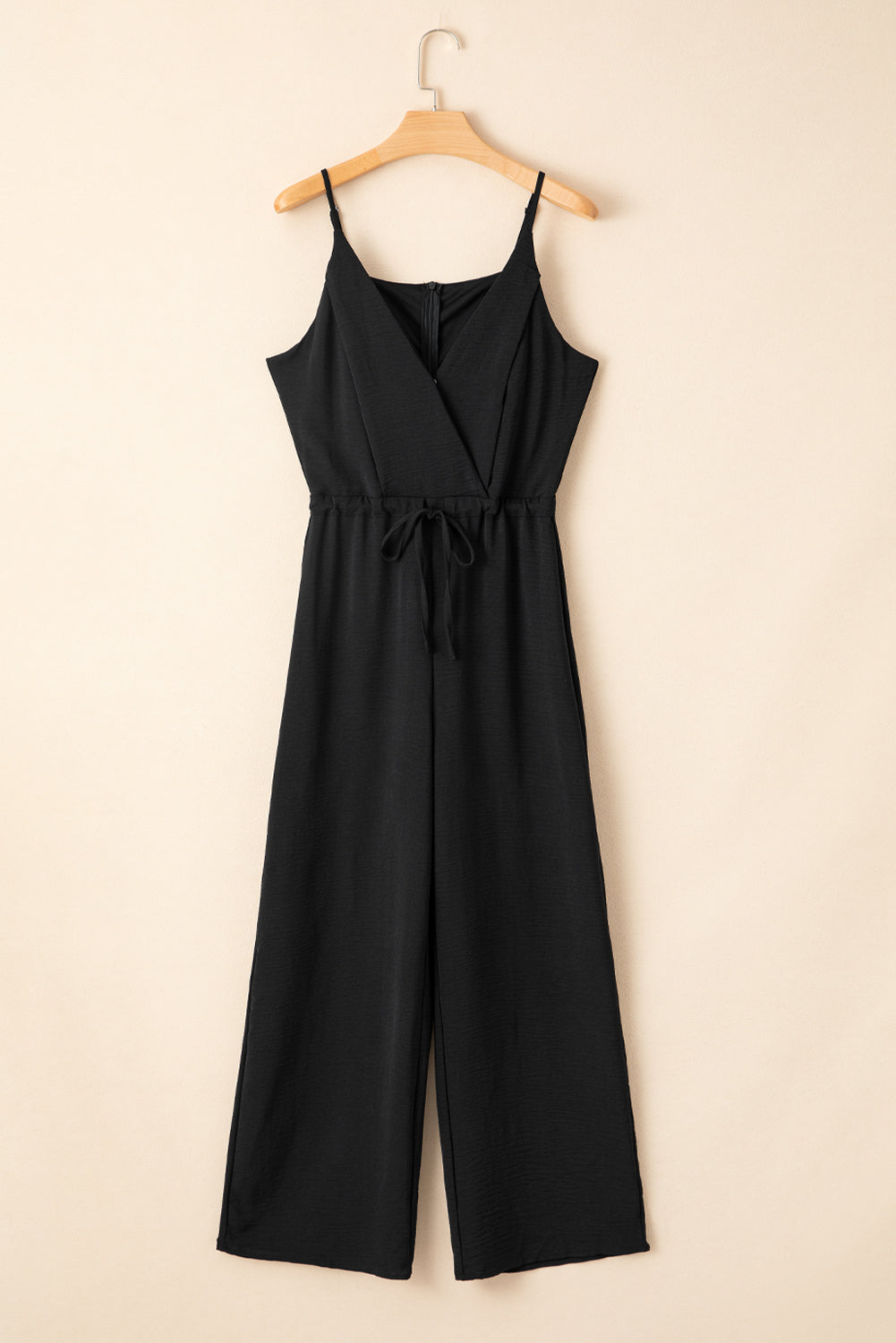 Women's Black Spaghetti Strap High Waist Wide Leg Drawstring Jumpsuit at LivelyLooks