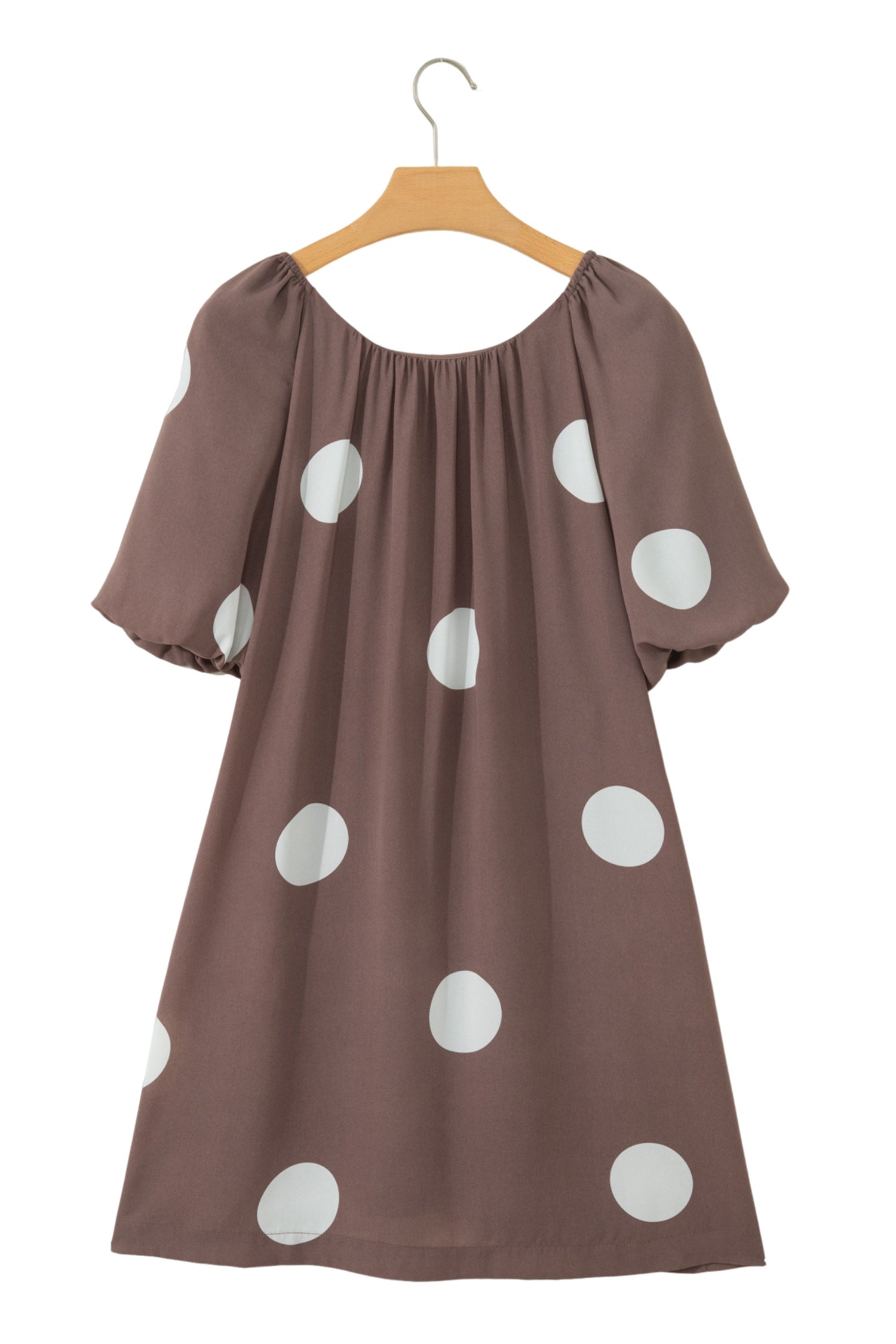 Shop Brown Polka Dot Puff Sleeve Mini Dress Knot Back Loose Fit UK 8-22 at LivelyLooks