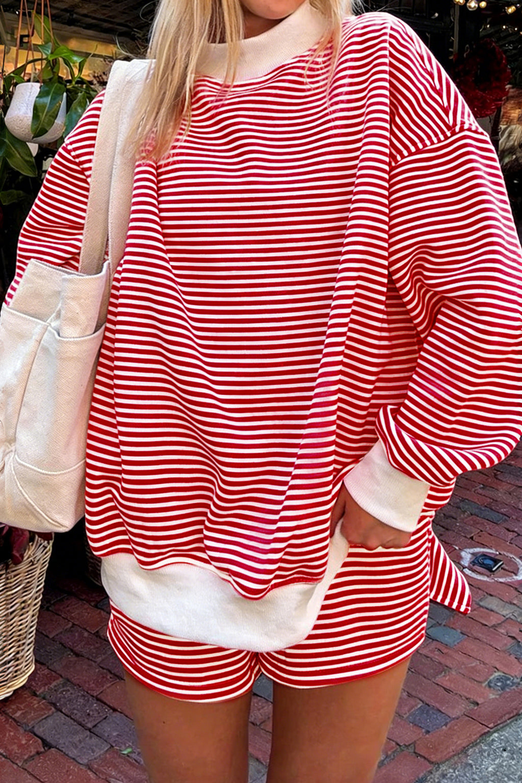 Red Stripe Oversize Mock Neck Sweatshirt & Shorts Set | UK 8–16