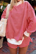 Red Stripe Oversize Mock Neck Sweatshirt & Shorts Set | UK 8–16