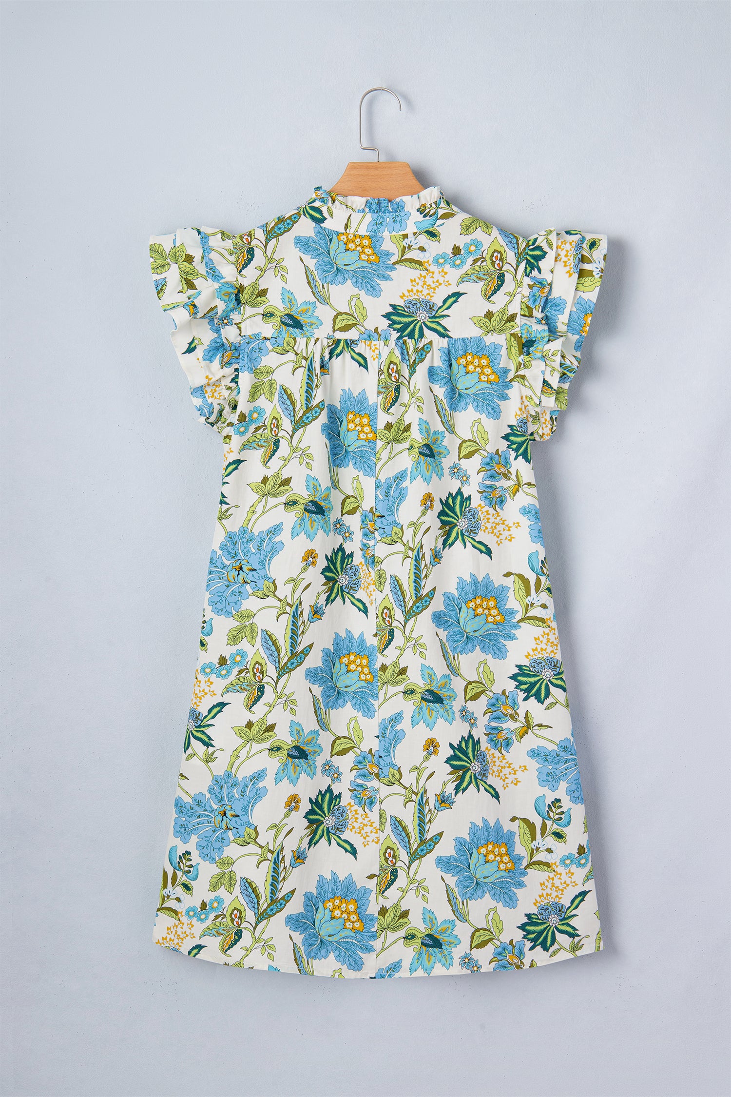 Beige Floral V Neck Triple Ruffle Short Sleeve Shift Mini Dress S-XL