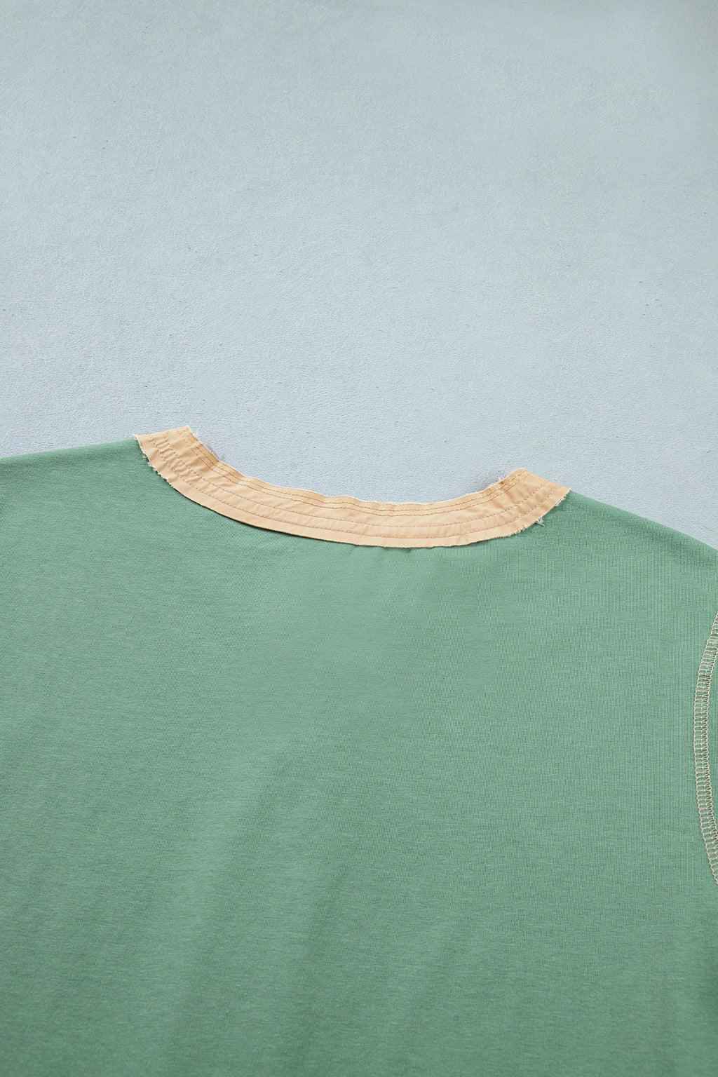 Colour Block Henley Tee Raw Seam Detail Buttoned Mint Green Light Grey Women S-XL