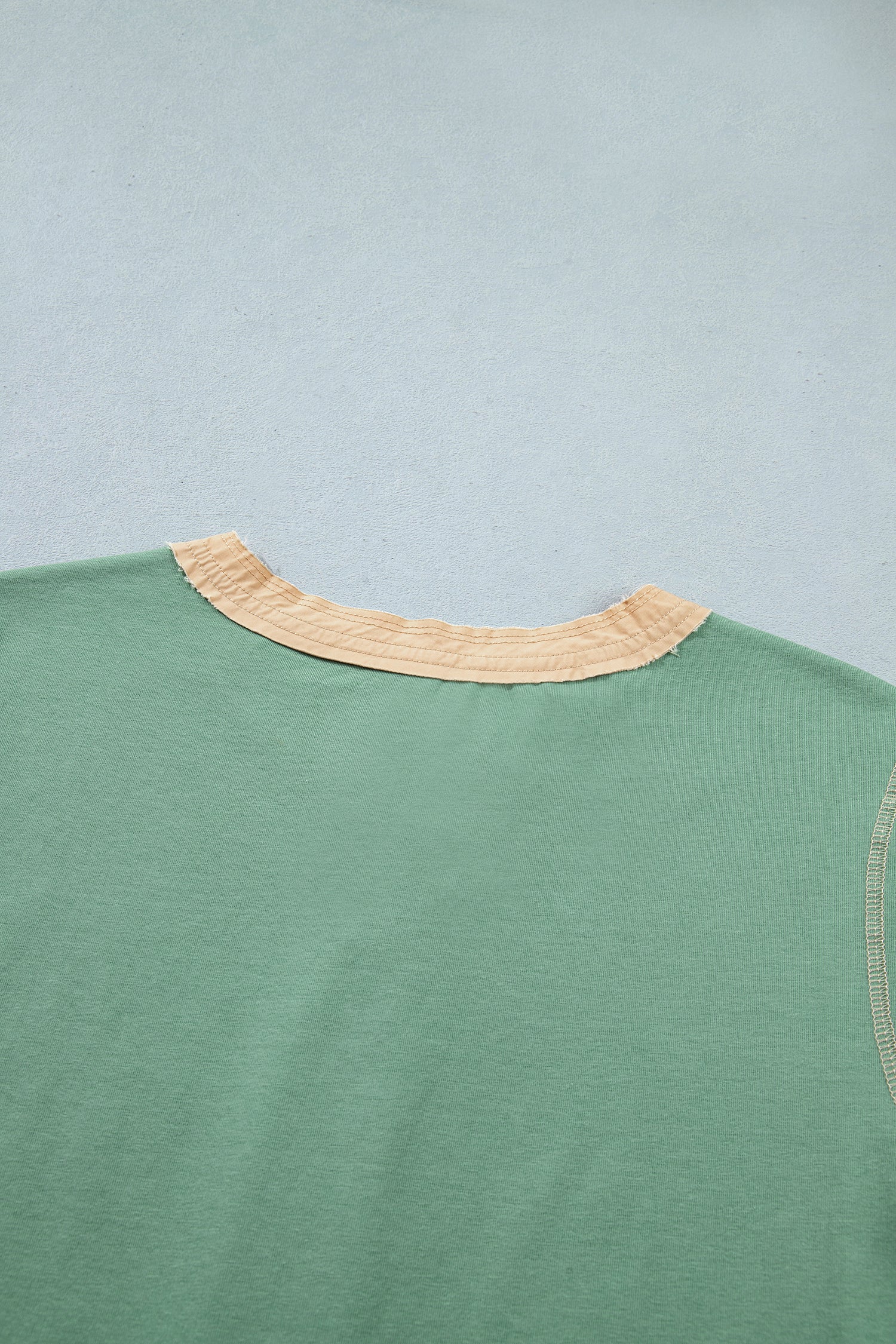 Colour Block Henley Tee Raw Seam Detail Buttoned Mint Green Light Grey Women S-XL