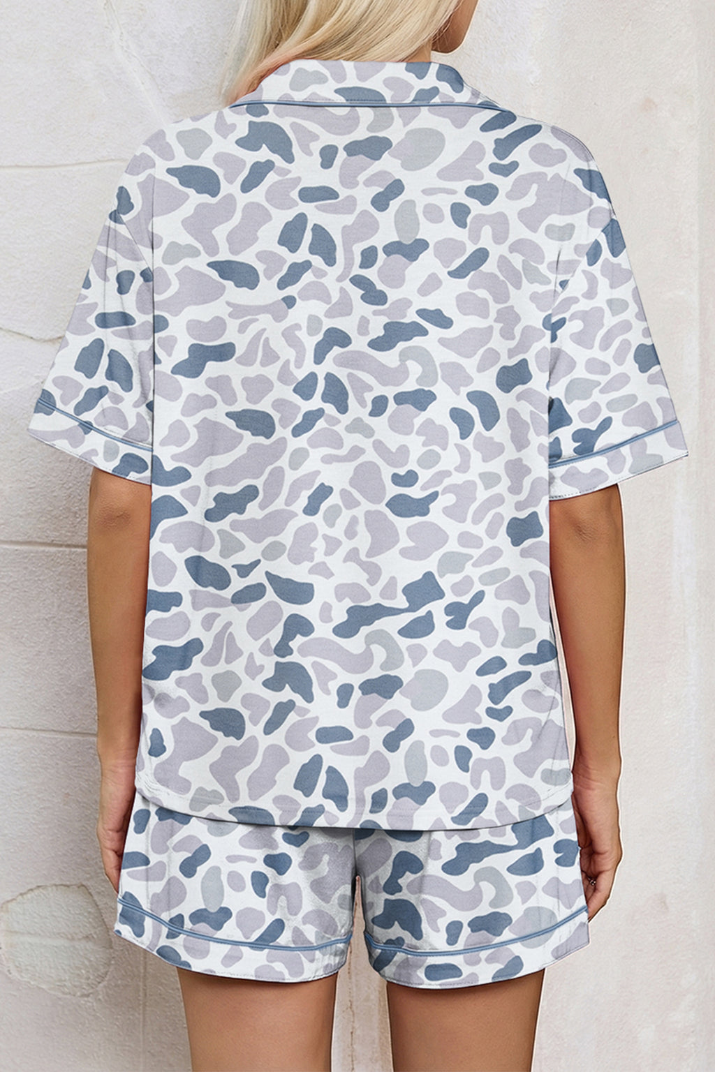 Camo & Polka Dot Lapel Shirt Drawstring Shorts Pyjama Set