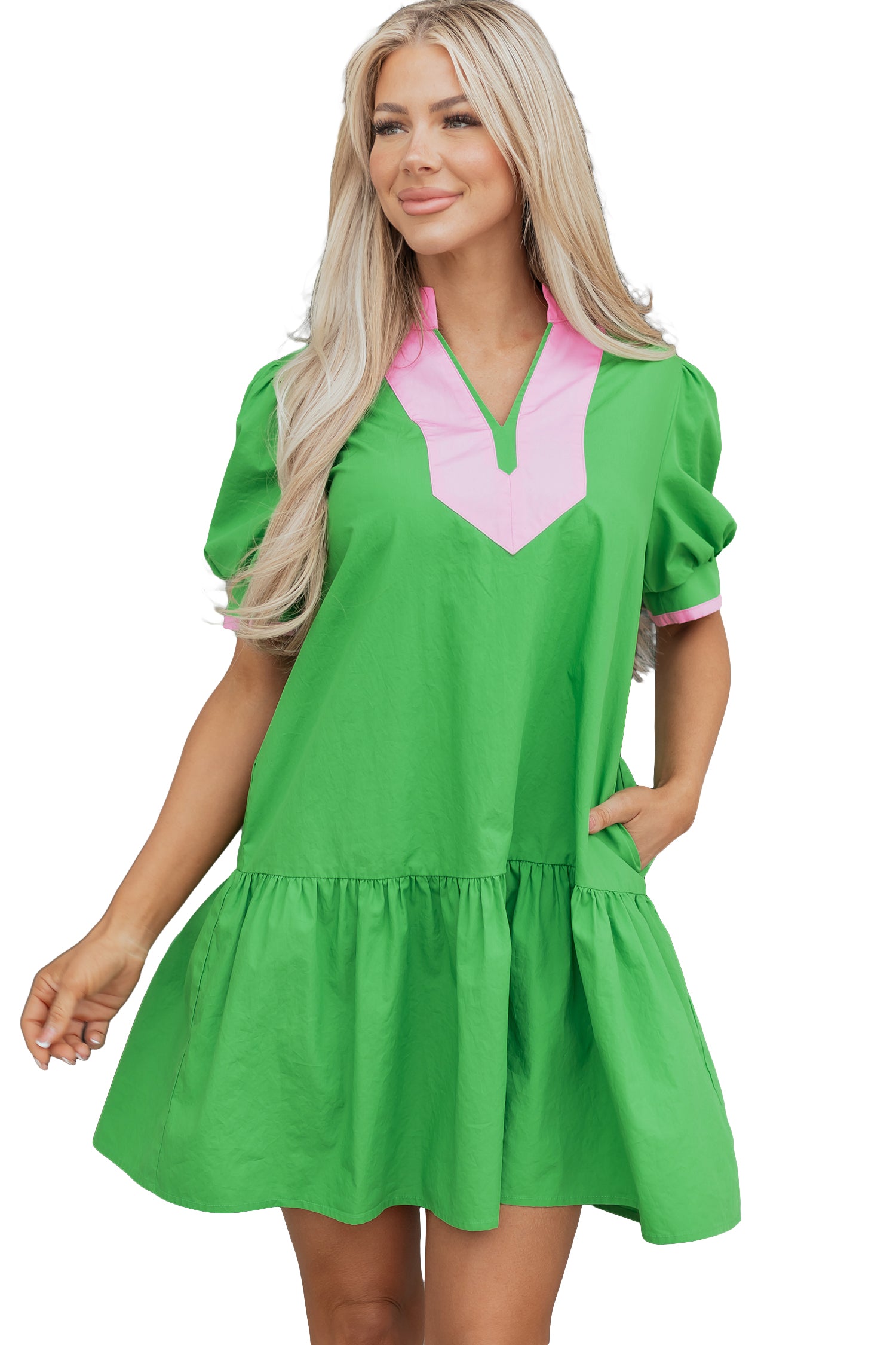 Bright Green Colour Block Mini Dress Split Neck Puff Sleeve Ruffle Hem Women S-XL