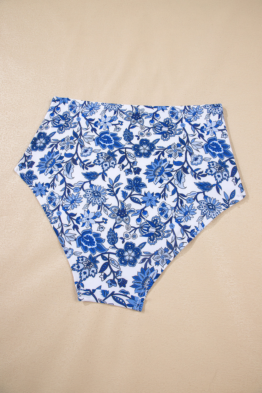 Blue Floral Print Hardware Accent Notched Neck High Waist Bikini Set