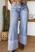 Beau Blue Turn-Up Cuff Loose Wide Leg Jeans | UK Sizes 4-16