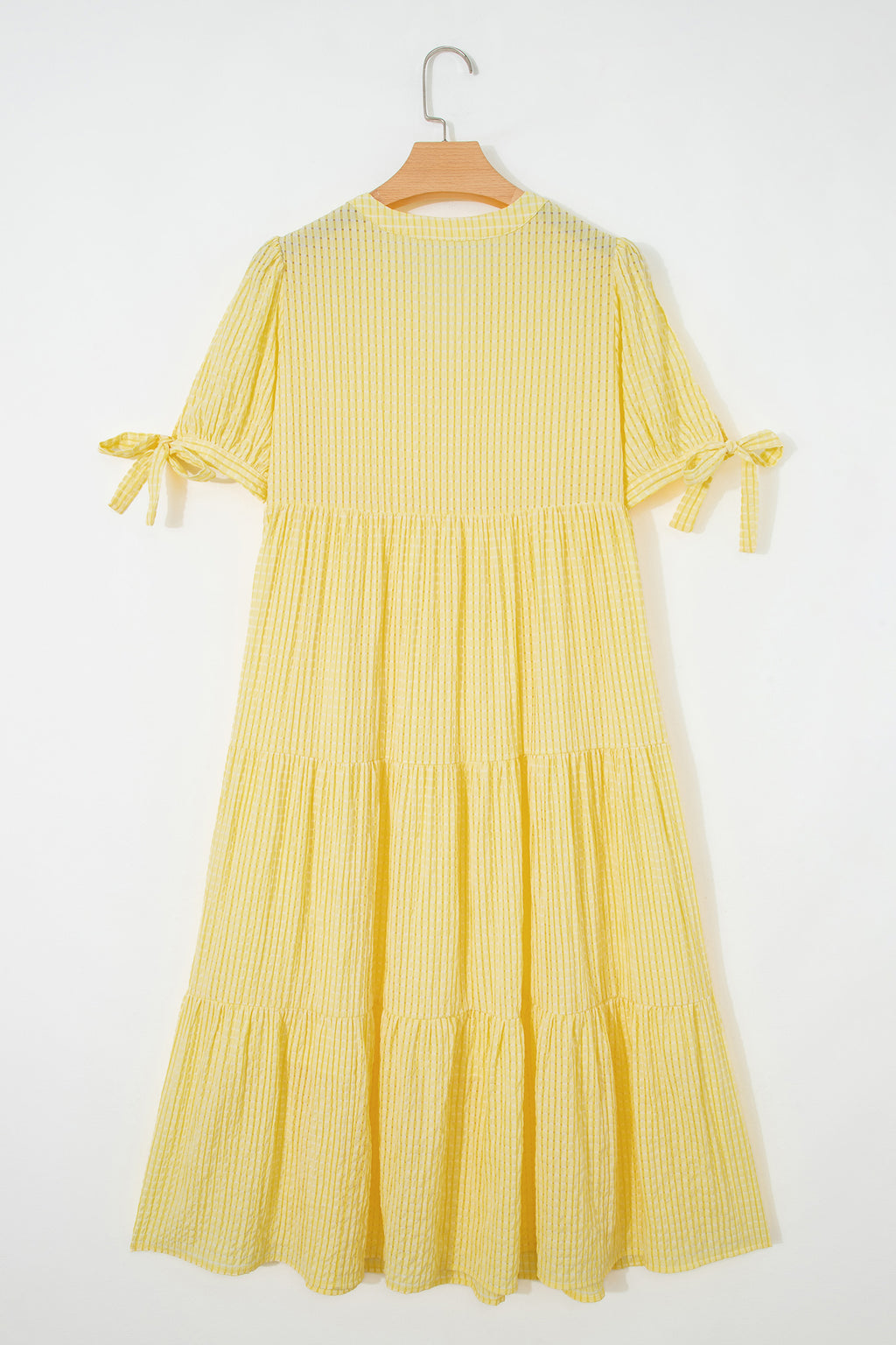 Dusk Blue & Yellow Gingham Bow Tie V-Neck Tiered Midi Dress | Pockets