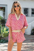 Leopard Print V-Neck Collar 2pcs Short Set | Rose, Khaki & Brown