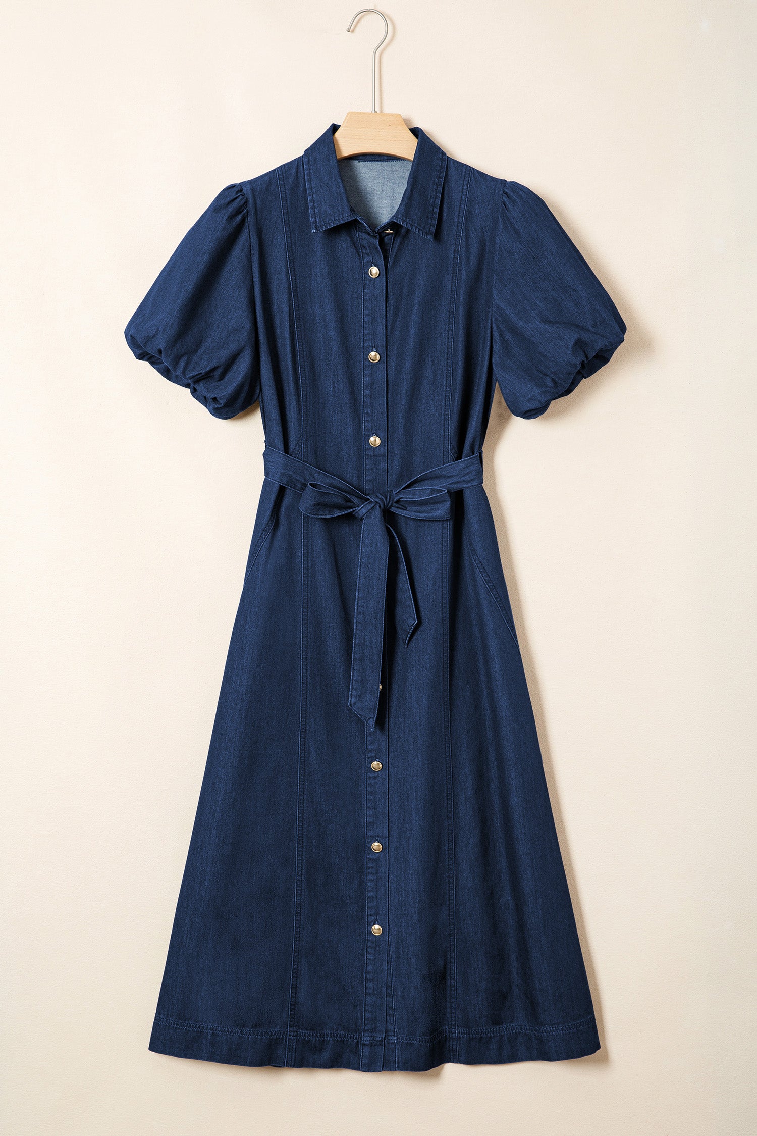 Women's Blue Button-Down Collared Bubble Sleeve Long Denim Dress at LivelyLooks