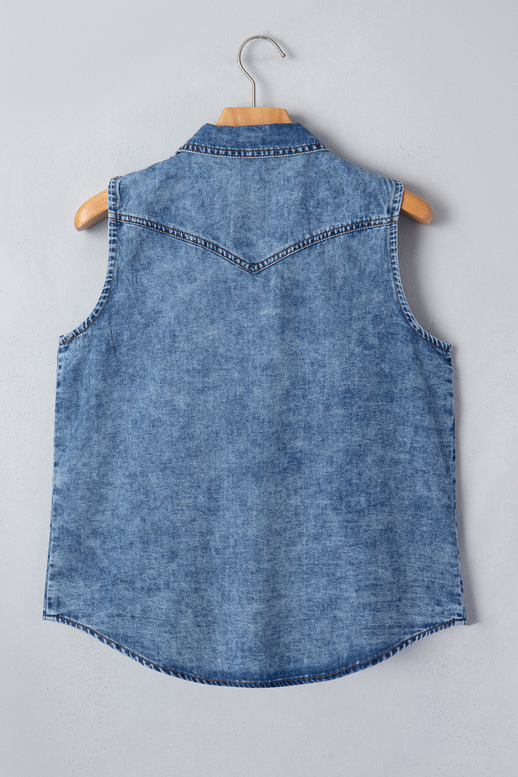 Shop Dusk Blue Buttoned Front Collared Sleeveless Denim Vest at LivelyLooks