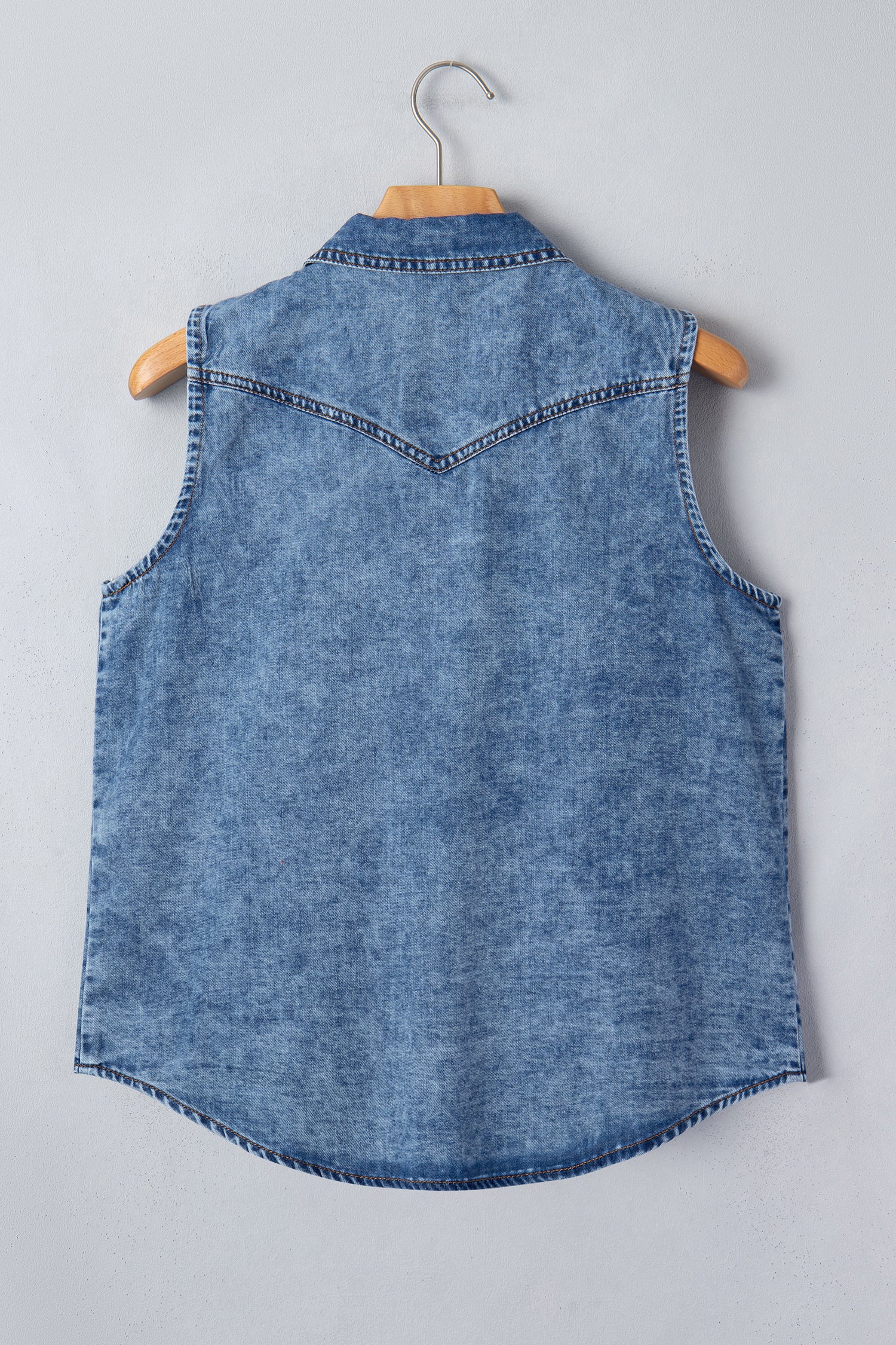 Shop Dusk Blue Buttoned Front Collared Sleeveless Denim Vest at LivelyLooks