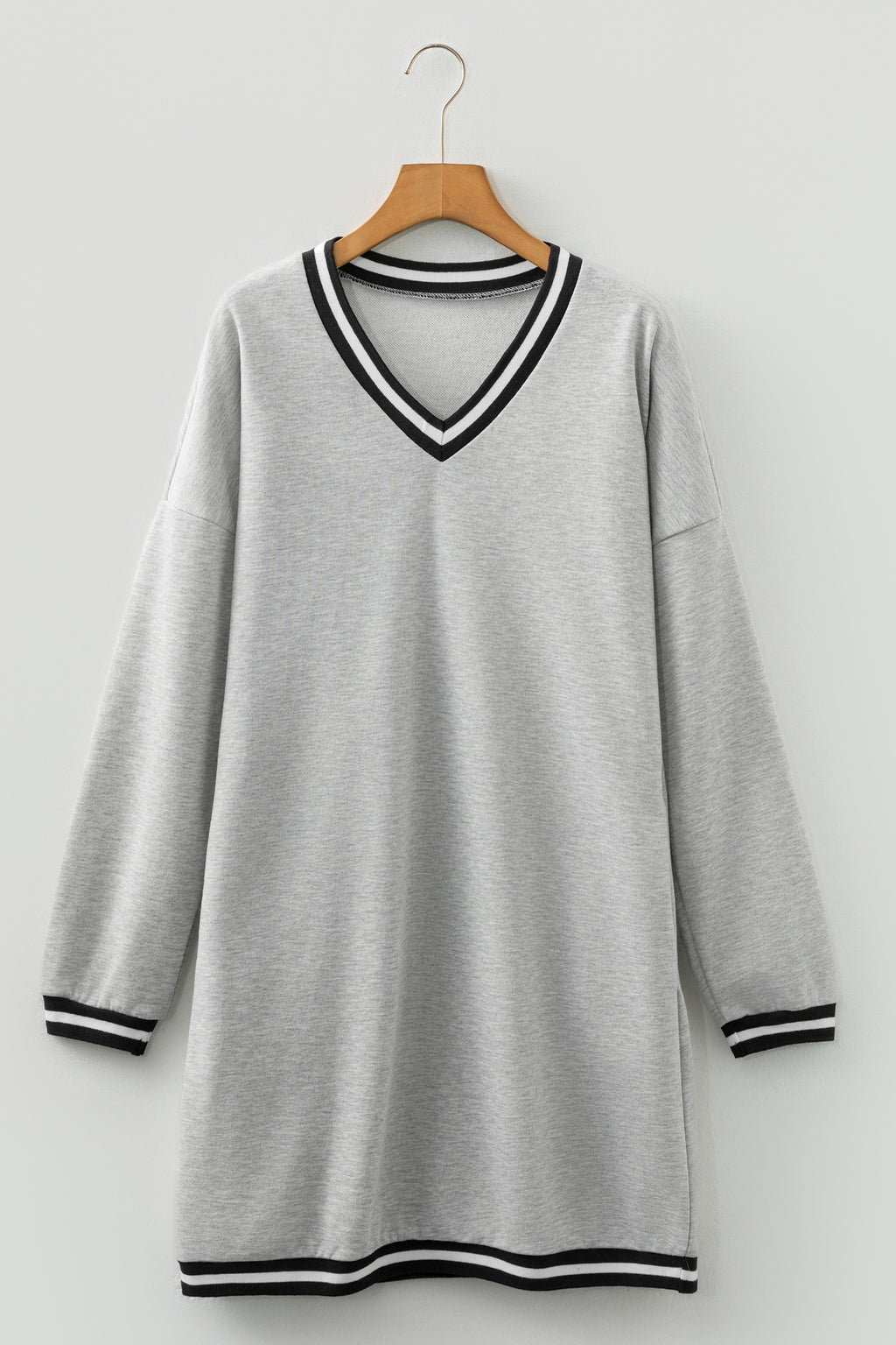 Light Grey Striped Trim V Neck Long Sleeve Preppy T-Shirt Dress S-XL