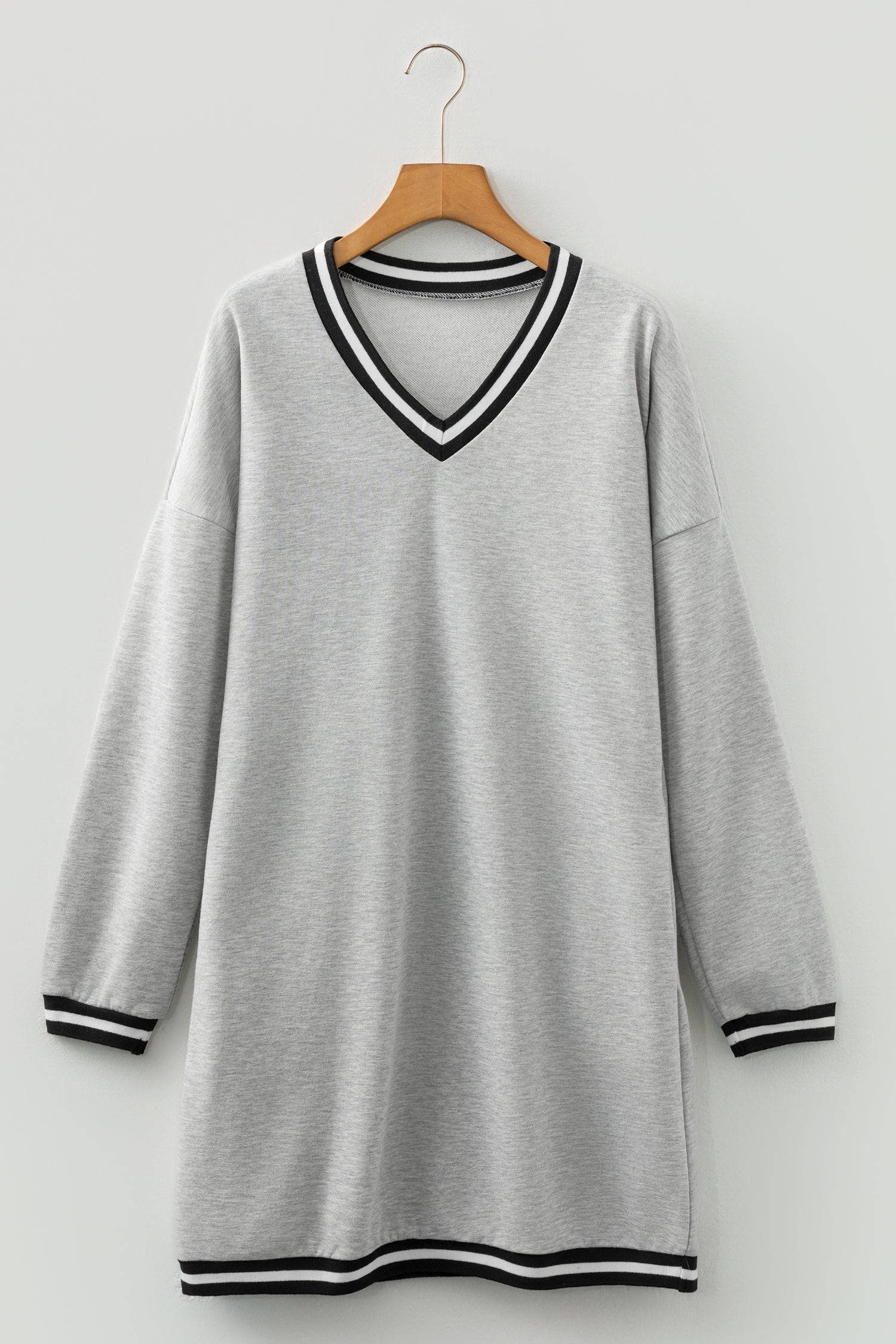Light Grey Striped Trim V Neck Long Sleeve Preppy T-Shirt Dress S-XL