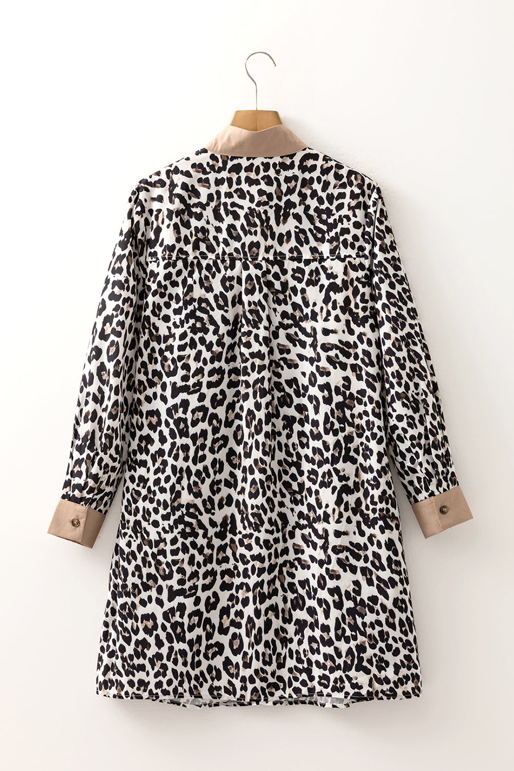 Women's Khaki Button Striped Collar Leopard Print Long Sleeve Flared Dress at LivelyLooks