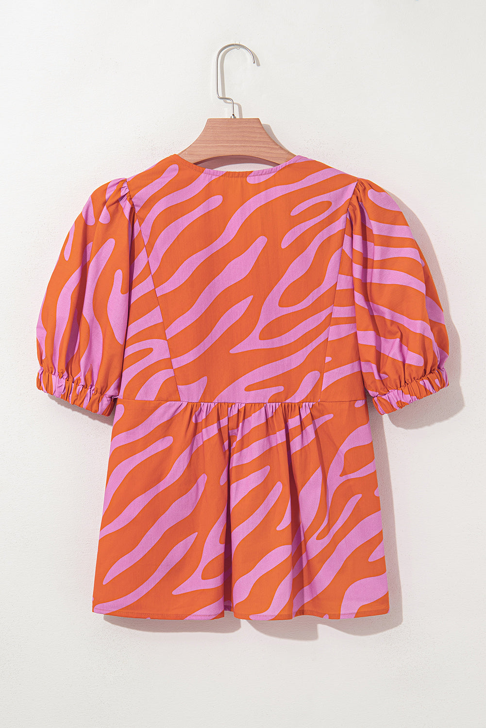 Orange Zebra Print Blouse Ruched Cuff Half Sleeve V Neck Women S-XL