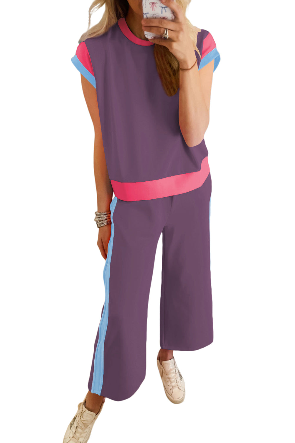 Colour Block Cap Sleeve Tee & Crop Wide Leg Trousers Set | 8 Colours