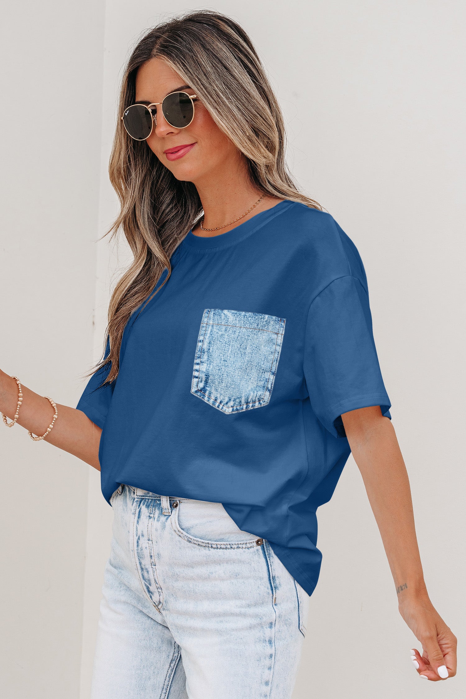 LivelyLooks Sail Blue Colour Block Chest Pocket Casual Short Sleeve Top women's fashion