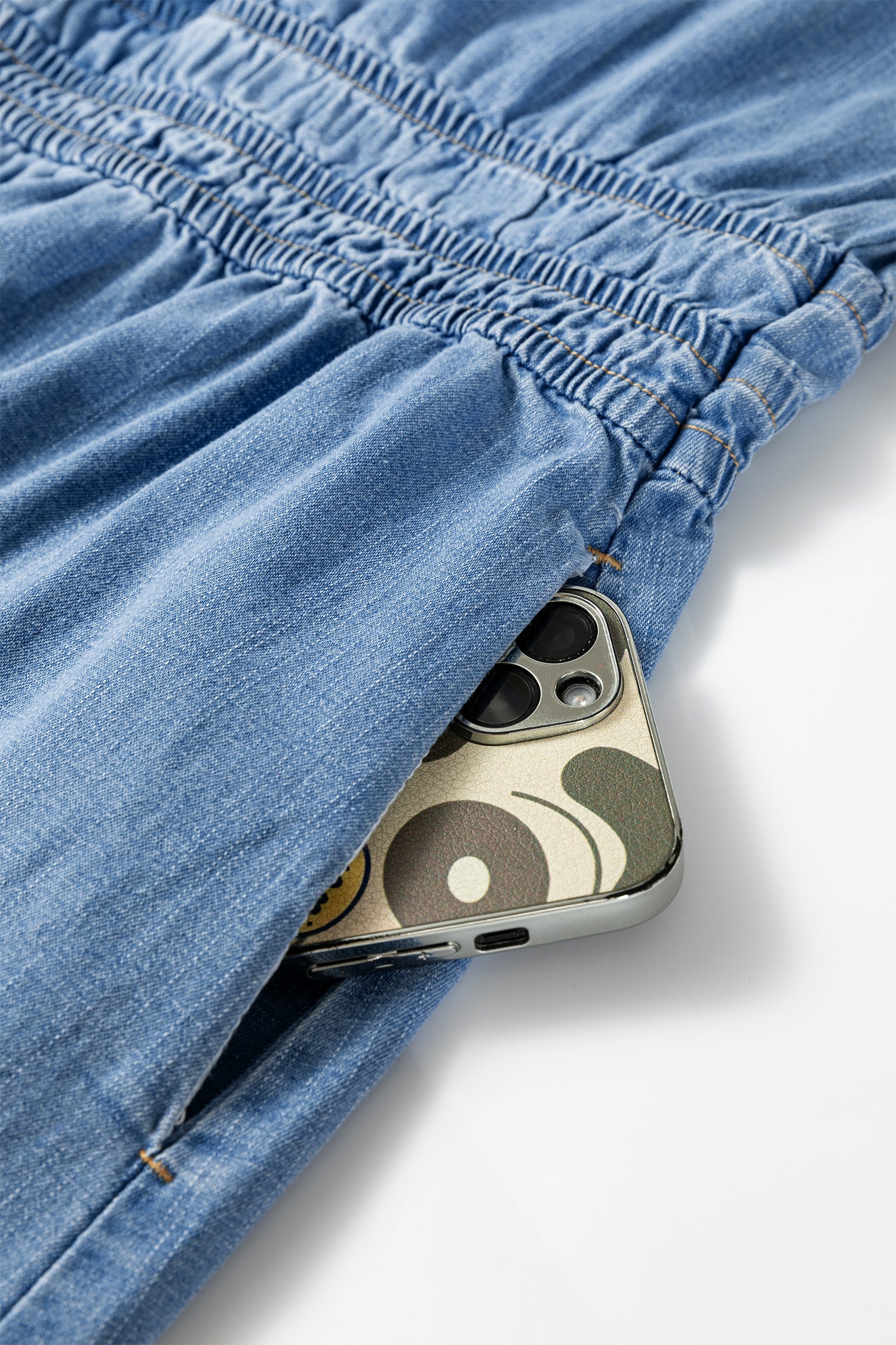 Blue Denim Elastic Waist Short Sleeve Mini Dress S-XL