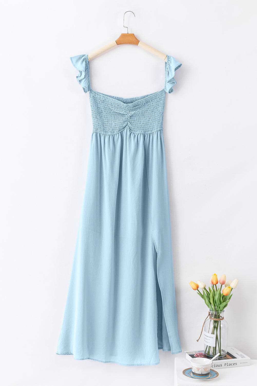 Sky Blue Off Shoulder Ruched Bust Sheer Slit Maxi Dress S-XL