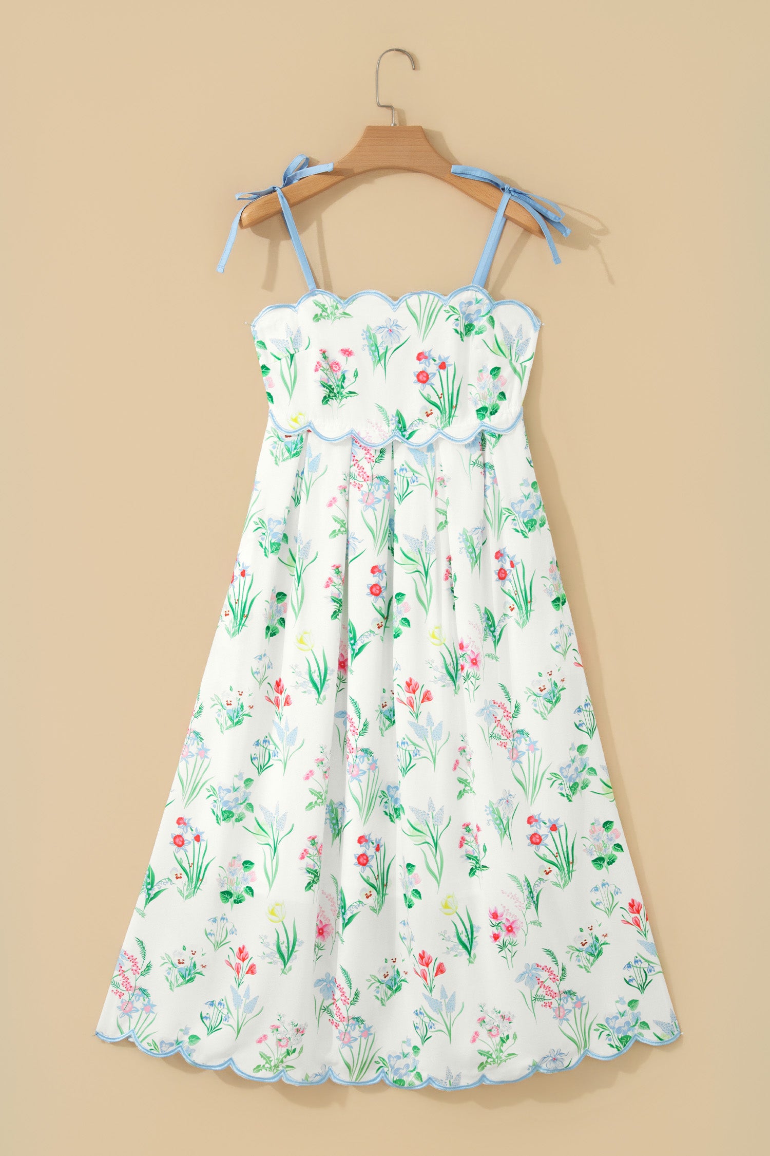 Floral Midi Dress Contrast Trim Self-Tie Straps High Waist Beige Pink Yellow