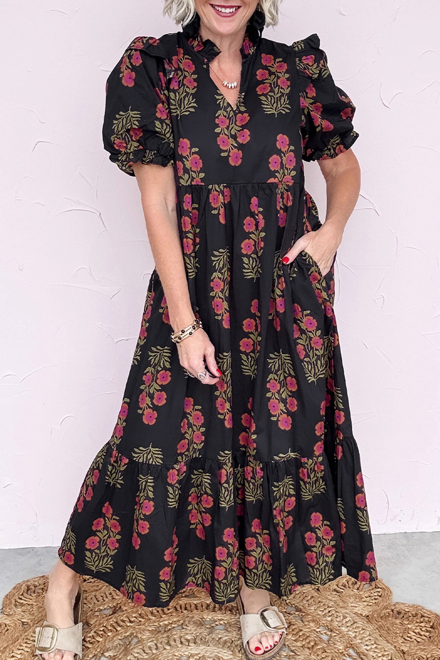 Floral Tiered Maxi Dress Bubble Sleeve Beige Black Women S-XL
