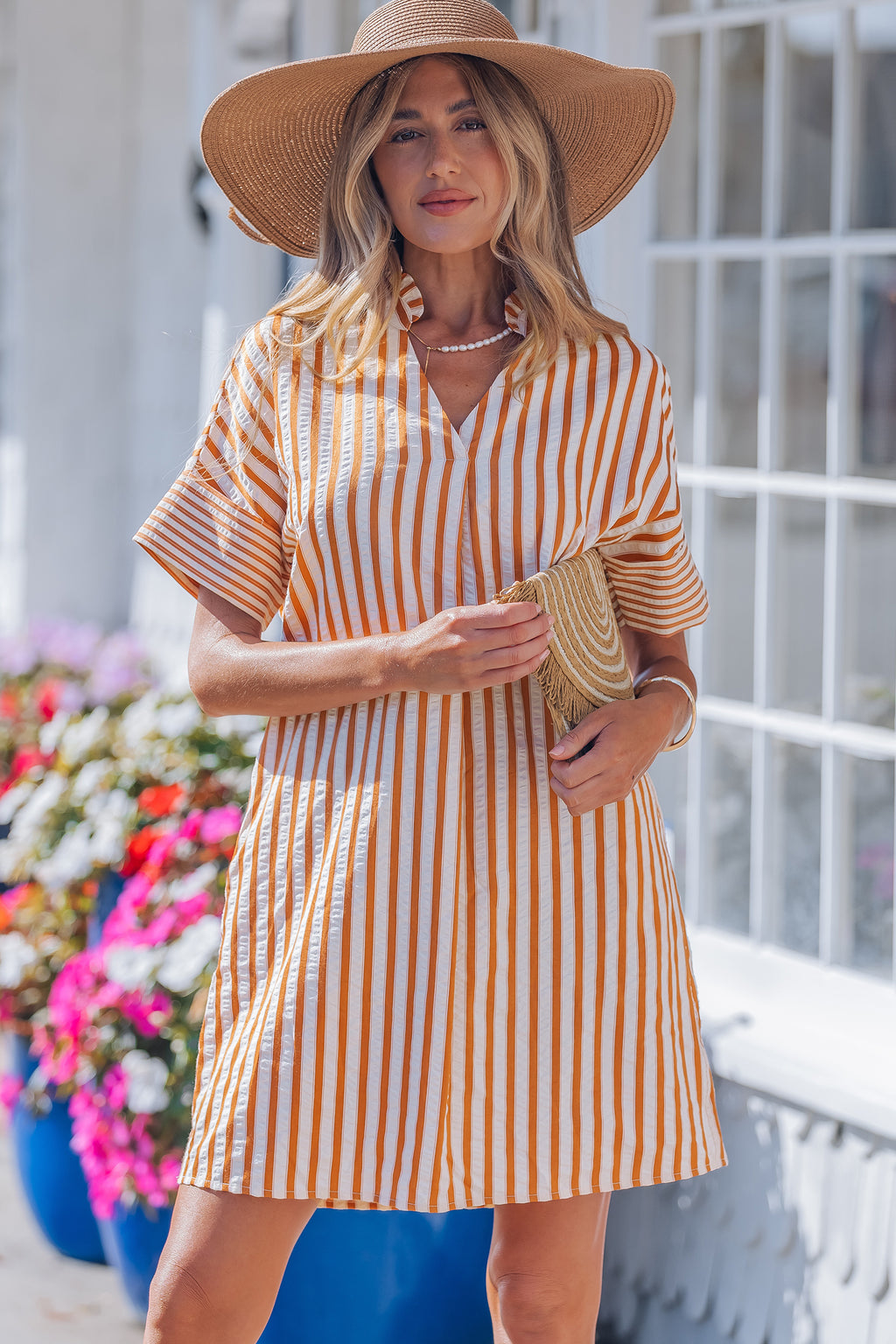 Stripe Pinched V-Neck Shift Mini Dress | Brown Stripe