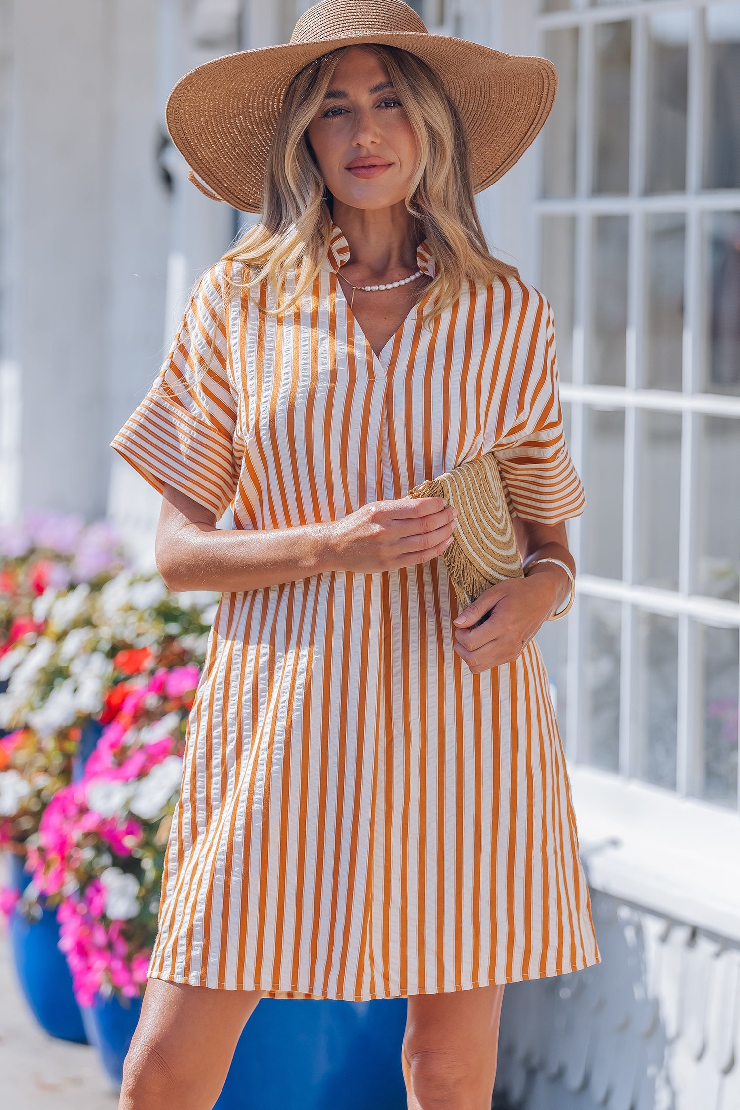 Stripe Pinched V-Neck Shift Mini Dress | Brown Stripe