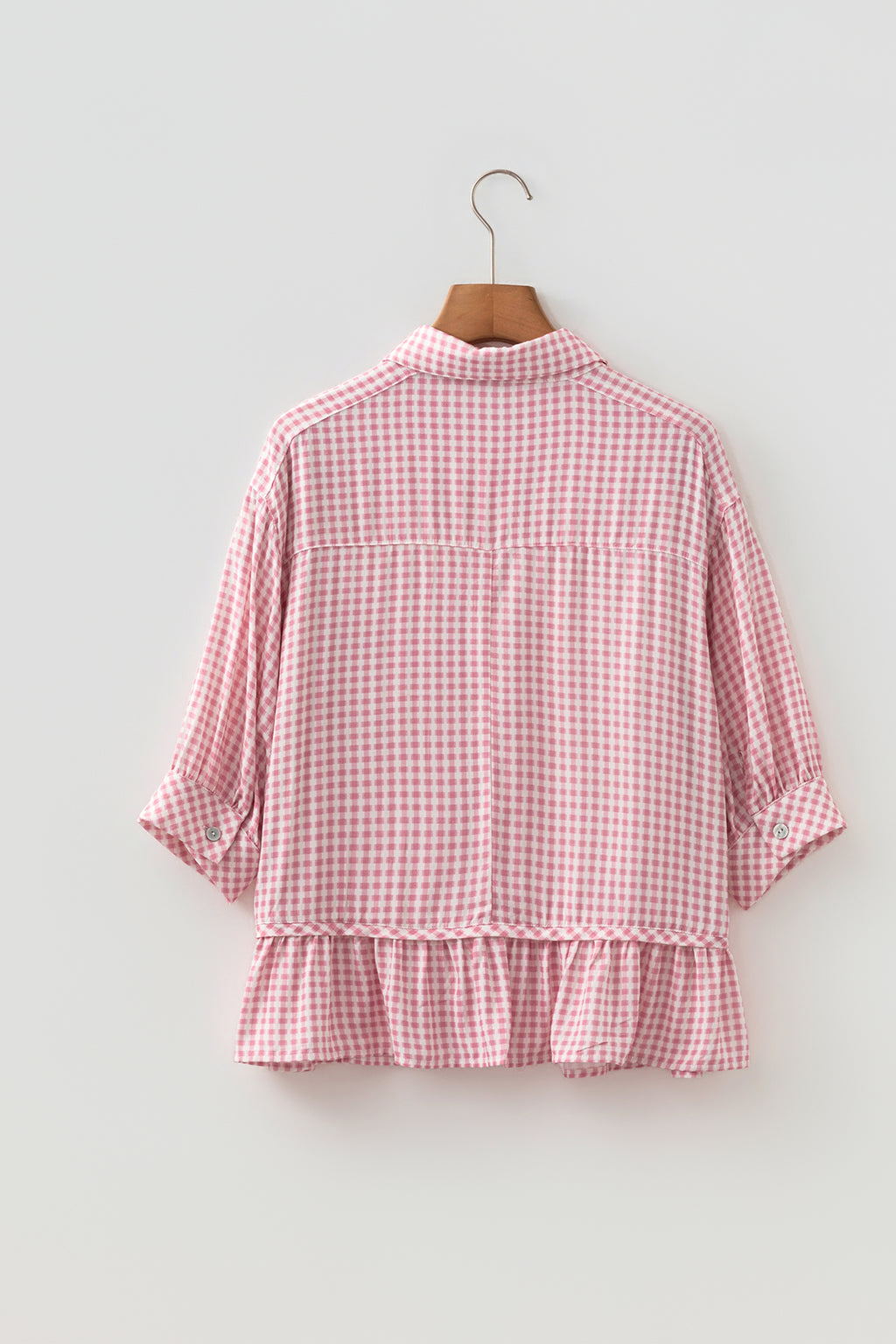 Pink Plaid Ruffle Hem Half Sleeve Button Down Shirt | S-XL