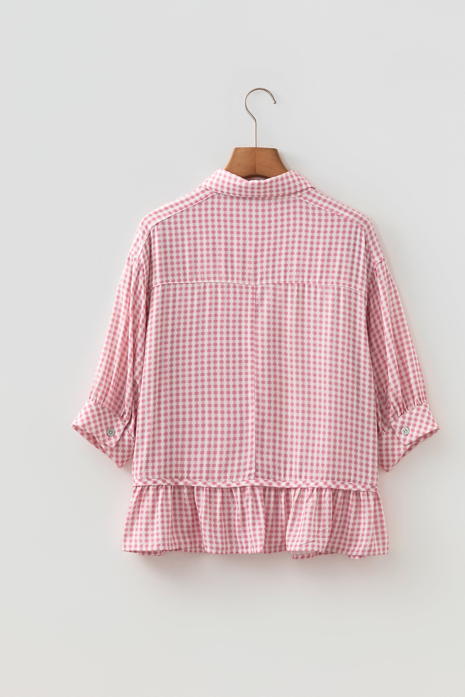 Pink Plaid Ruffle Hem Half Sleeve Button Down Shirt | S-XL