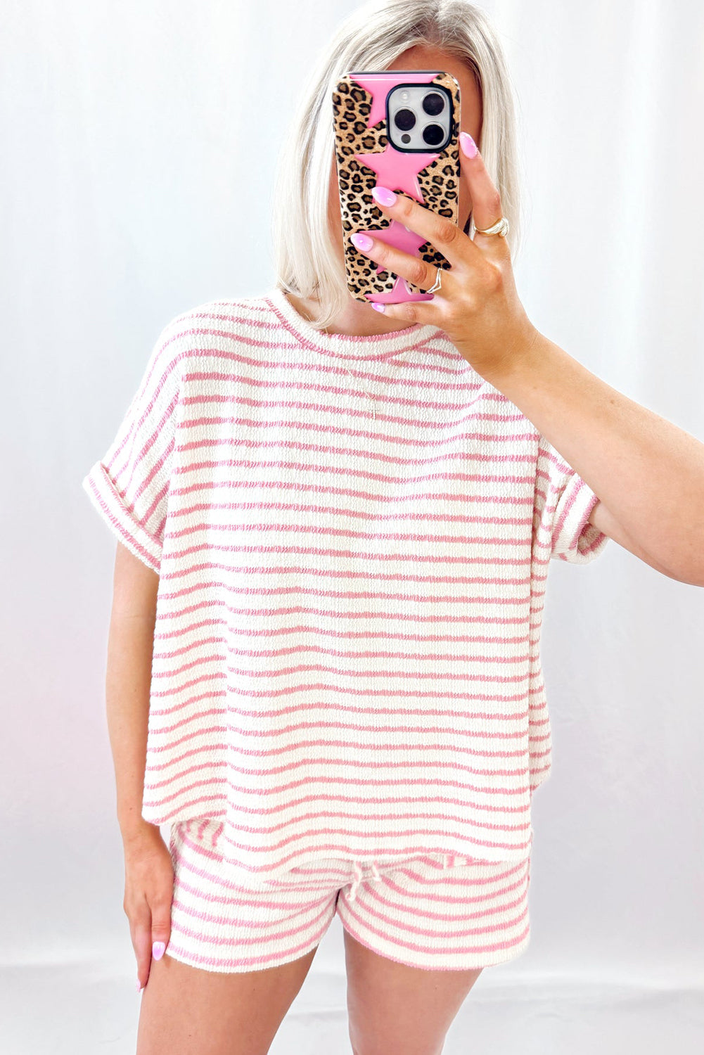 Shop Stripe Knitted Short Sleeve Top & Drawstring Shorts Co-ord S-3XL at LivelyLooks