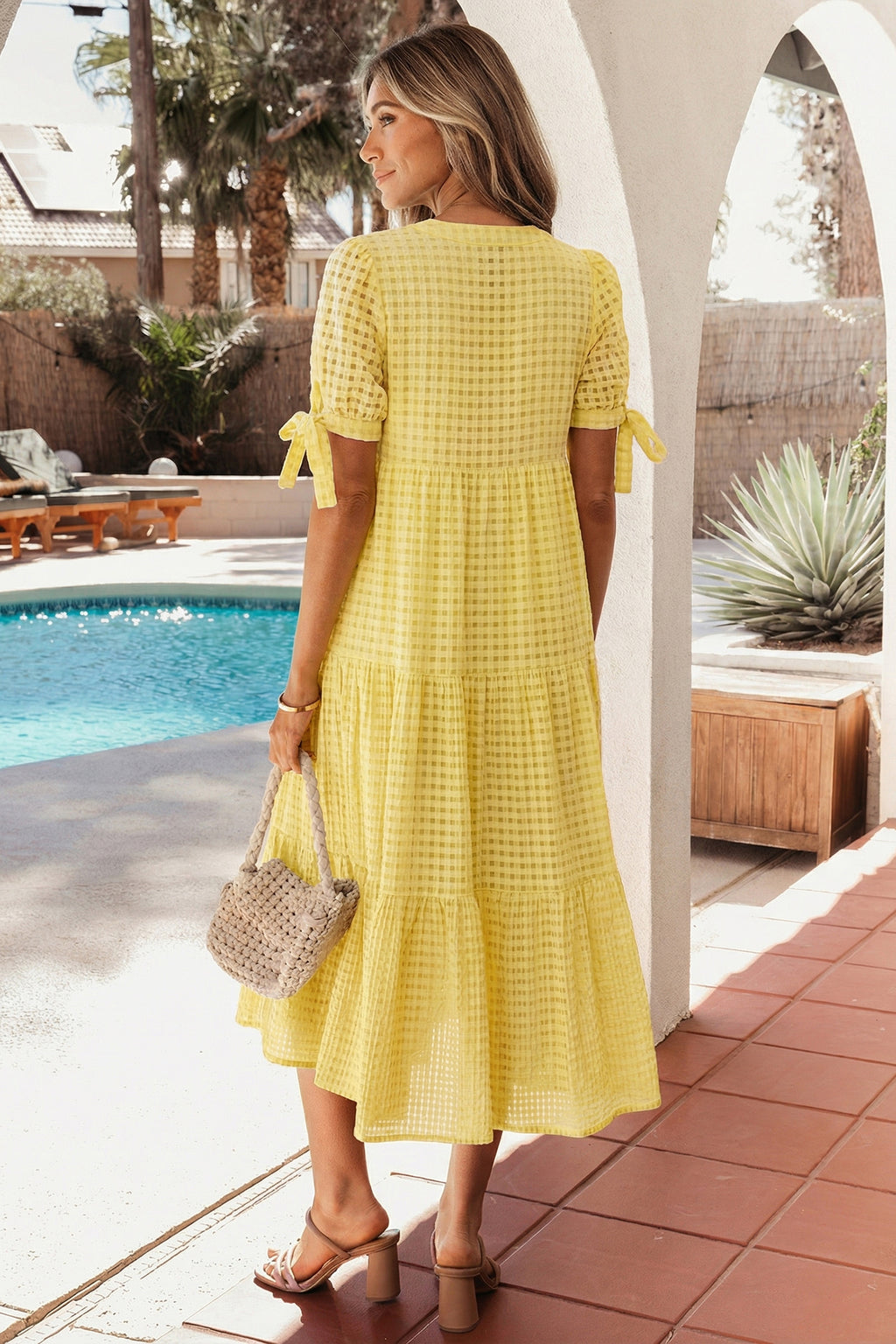 Dusk Blue & Yellow Gingham Bow Tie V-Neck Tiered Midi Dress | Pockets