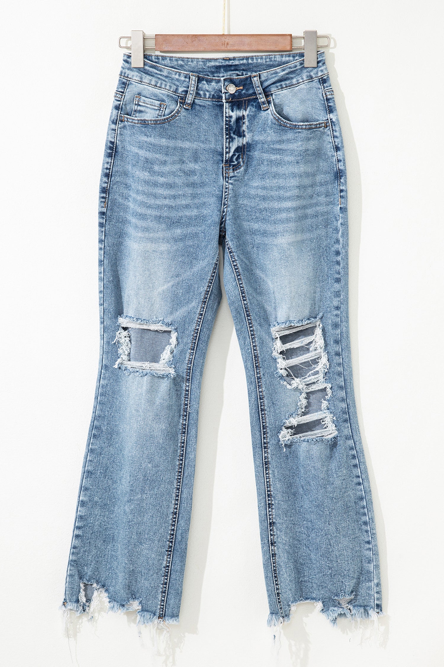 Myosotis Raw Hem Ripped Knee Fit Flare Jeans Women UK 4-16