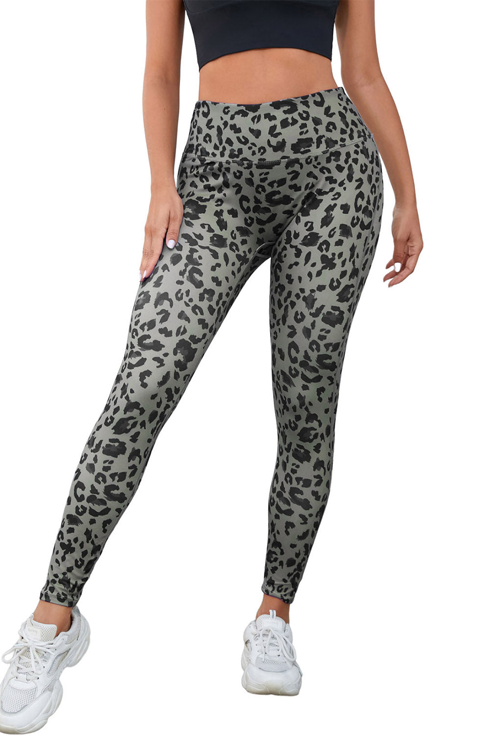 Women's Grey Classic Leopard Print Active Leggings Animal Pattern Gym Yoga Sports Tights at LivelyLooks
