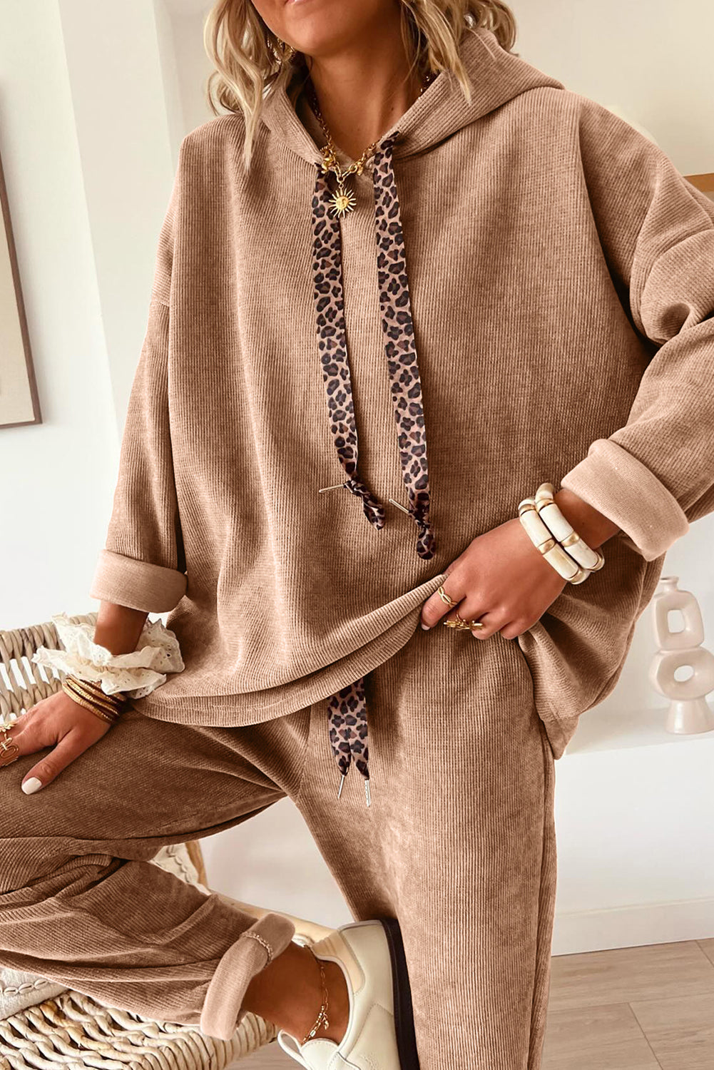 Leopard Drawstring Corduroy Co-ord Hoodie & High Waist Pants UK 8-22