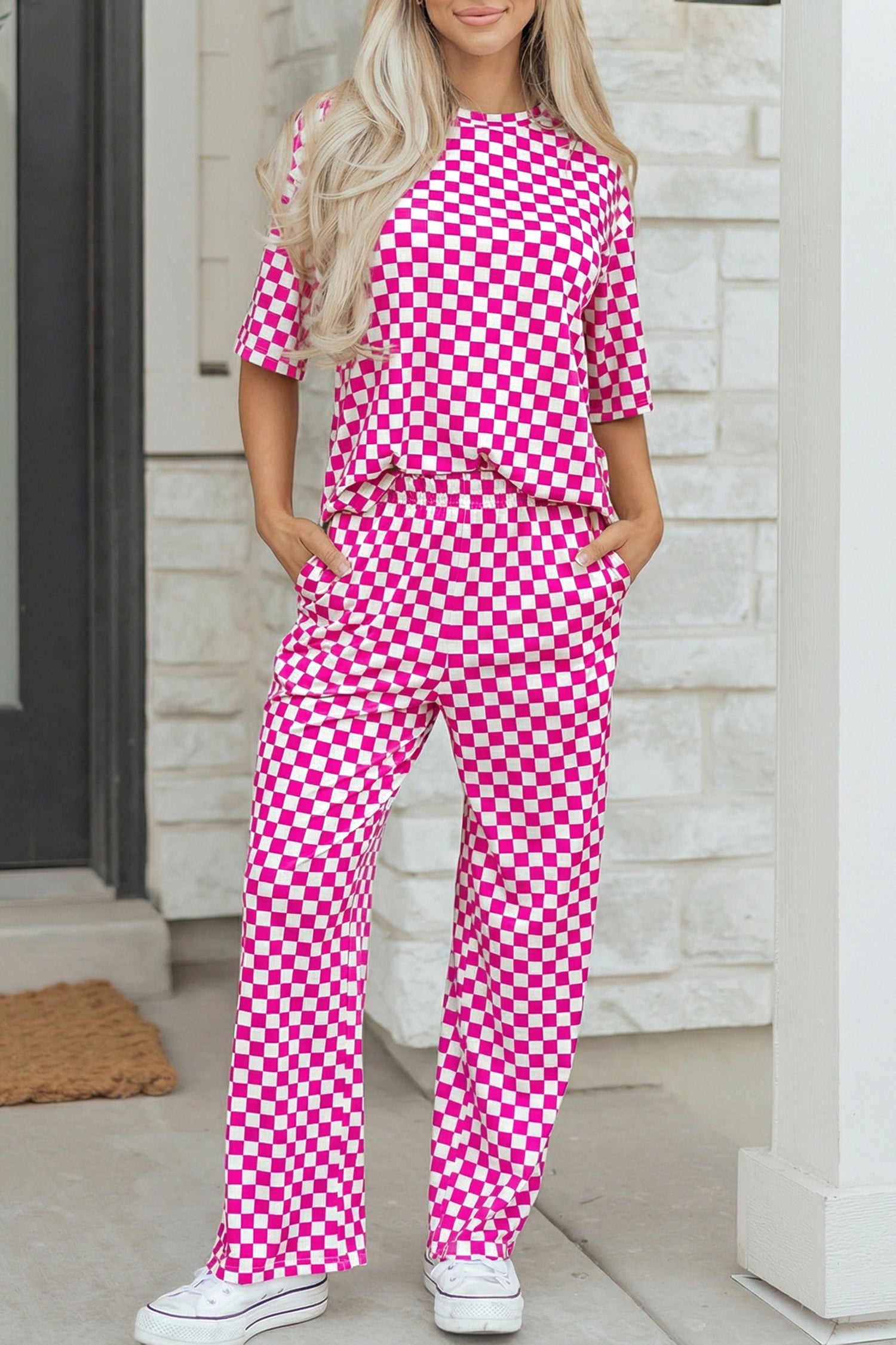 Rose Checkered Lounge Set Half Sleeve Tee & Pant 2pcs Women S-XL