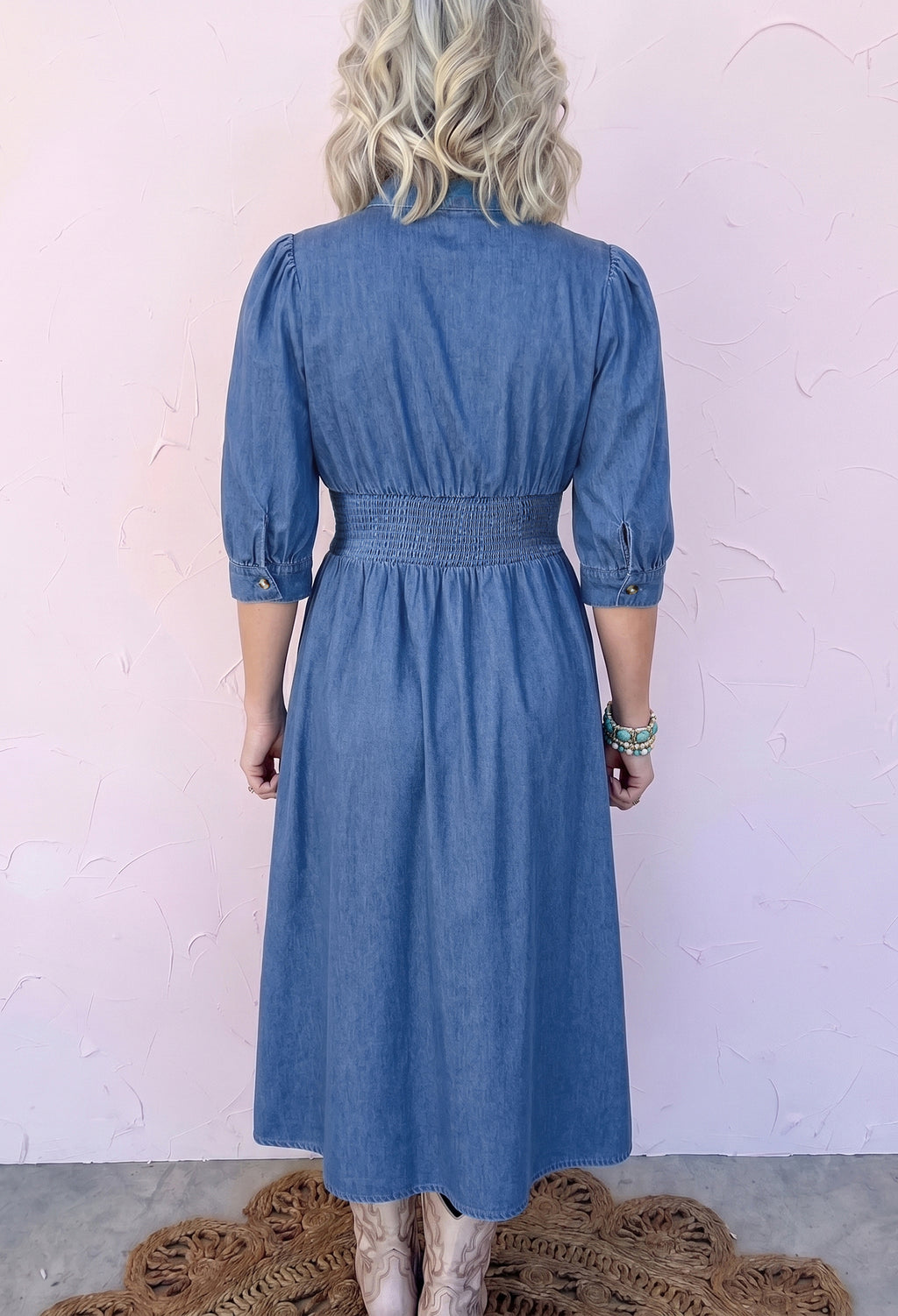 Blue V Neck Shirred Waist Metal Zipper Denim Midi Dress | UK 8–22