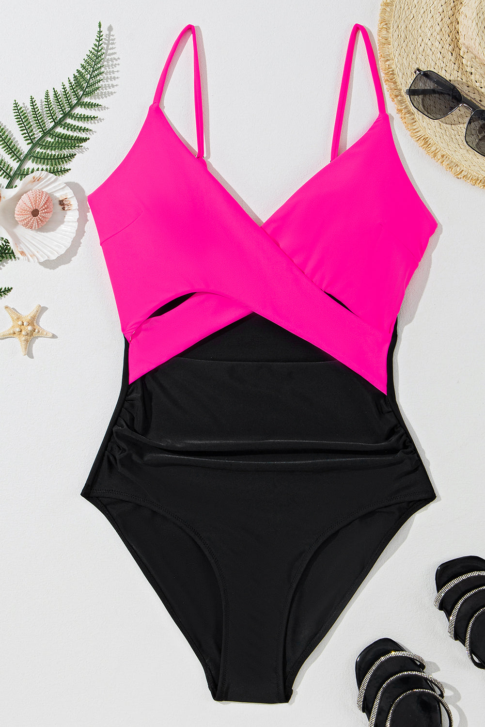 Pink Crossover Colour Block Cutout Monokini Swimsuit | UK 8-22