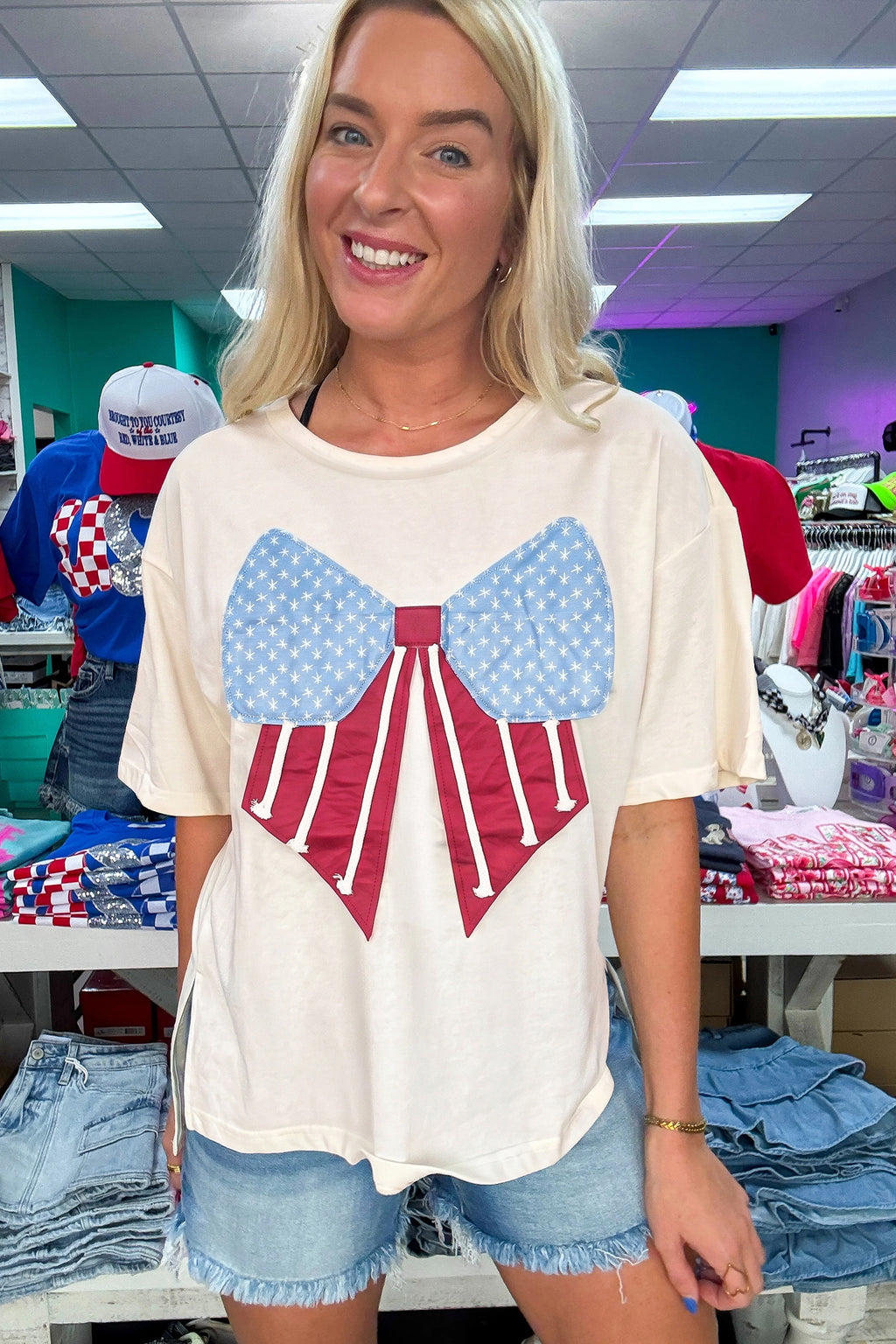 White Loose Knit Tee Vintage Flag Bow Patch Short Sleeve Women S-XL