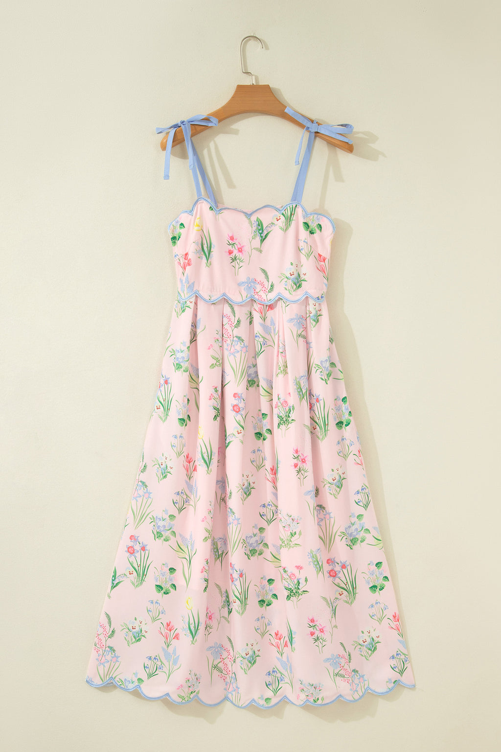 Floral Midi Dress Contrast Trim Self-Tie Straps High Waist Beige Pink Yellow