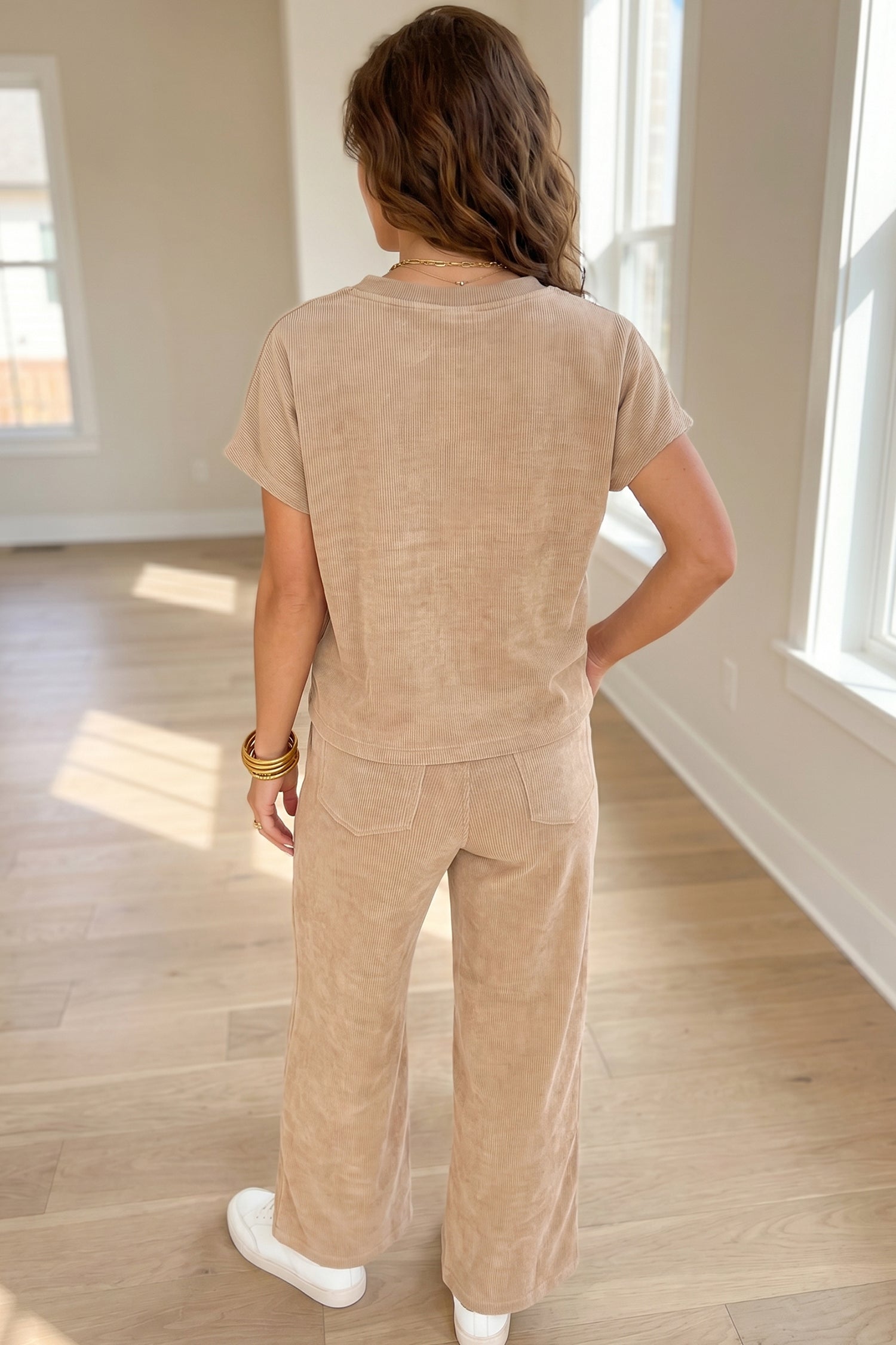 Beige Ribbed Short Sleeve Top & Casual Trousers Set | Sizes 8-22