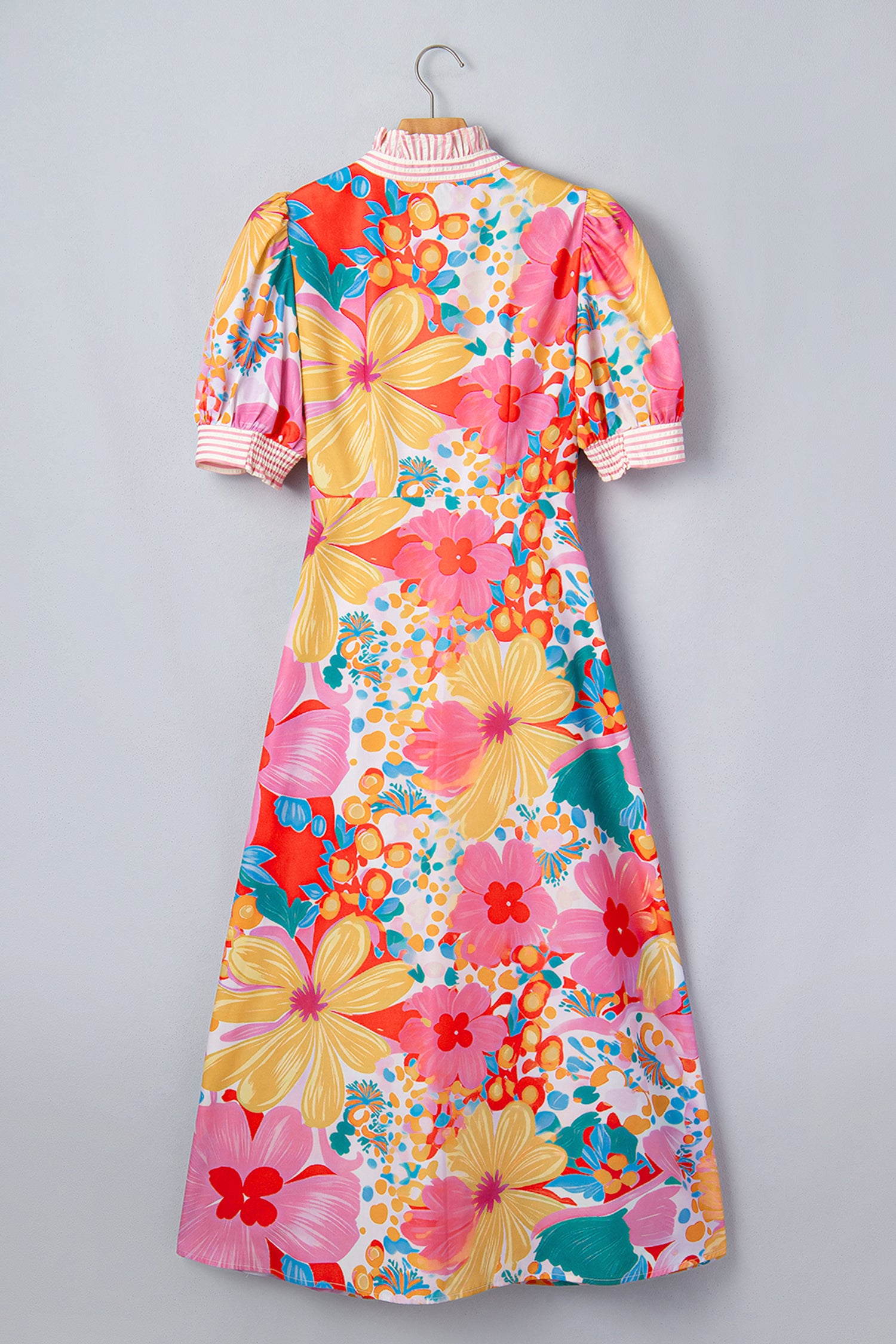 Floral Print Vacation Dress Striped Trim Button Down Short Sleeve Green Pink S-XL