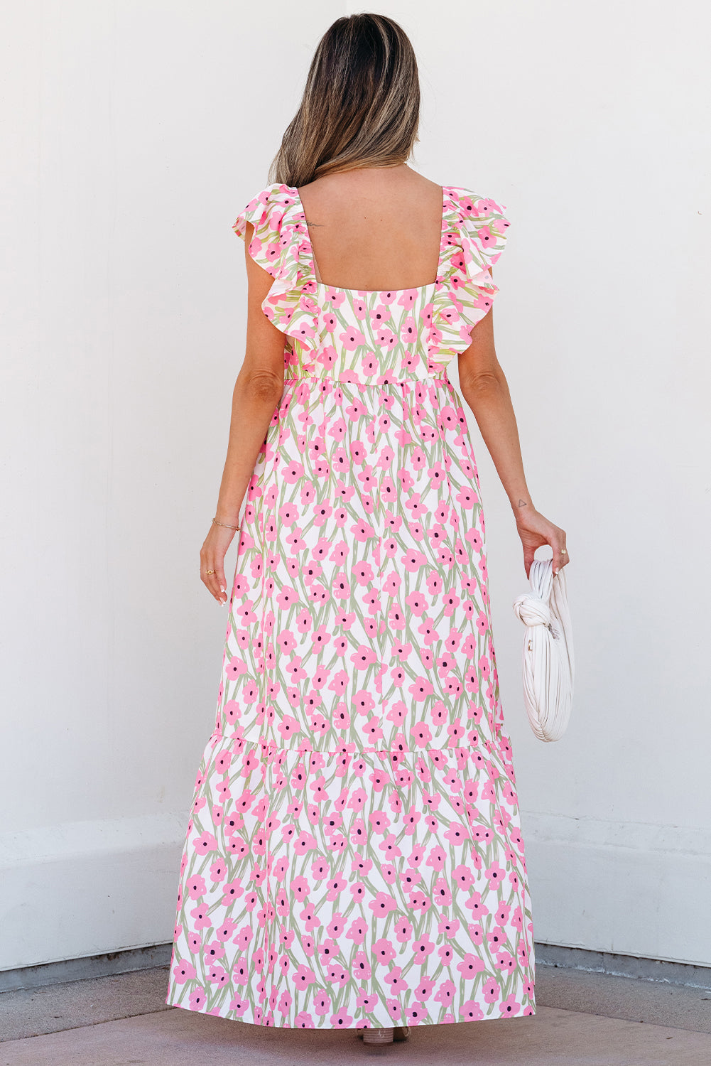 Women's Pink Floral Print Square Neck Ruffled Strap Maxi Dress Summer Boho Casual Sundress at LivelyLooks