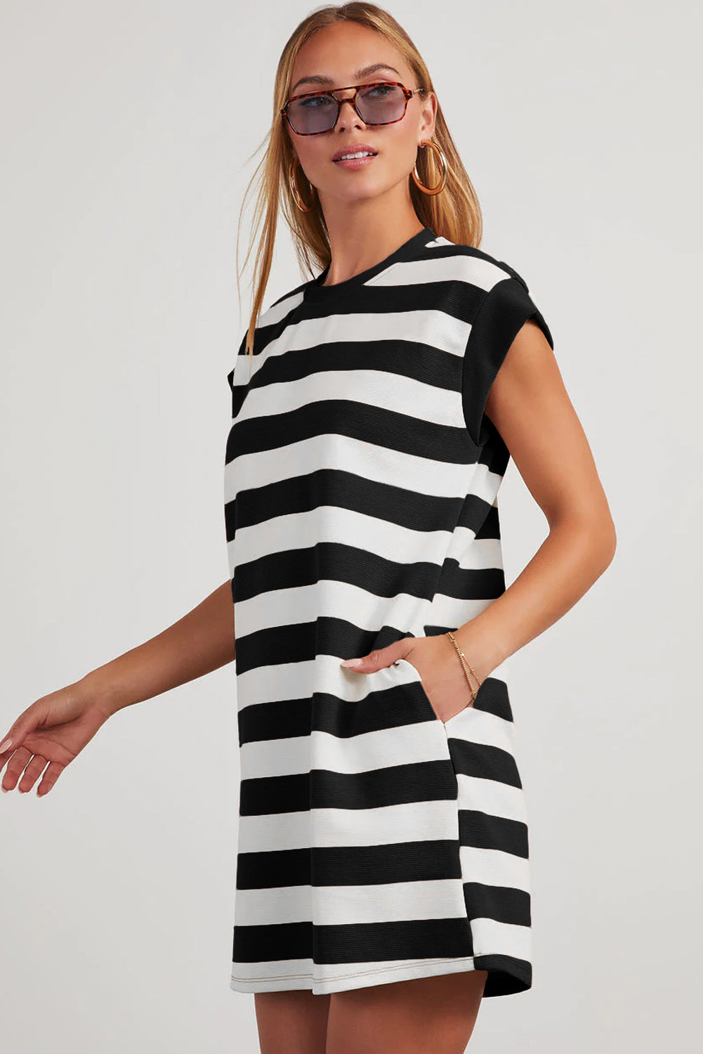 Black Stripe Cap Sleeve Shift T-Shirt Dress | Crew Neck