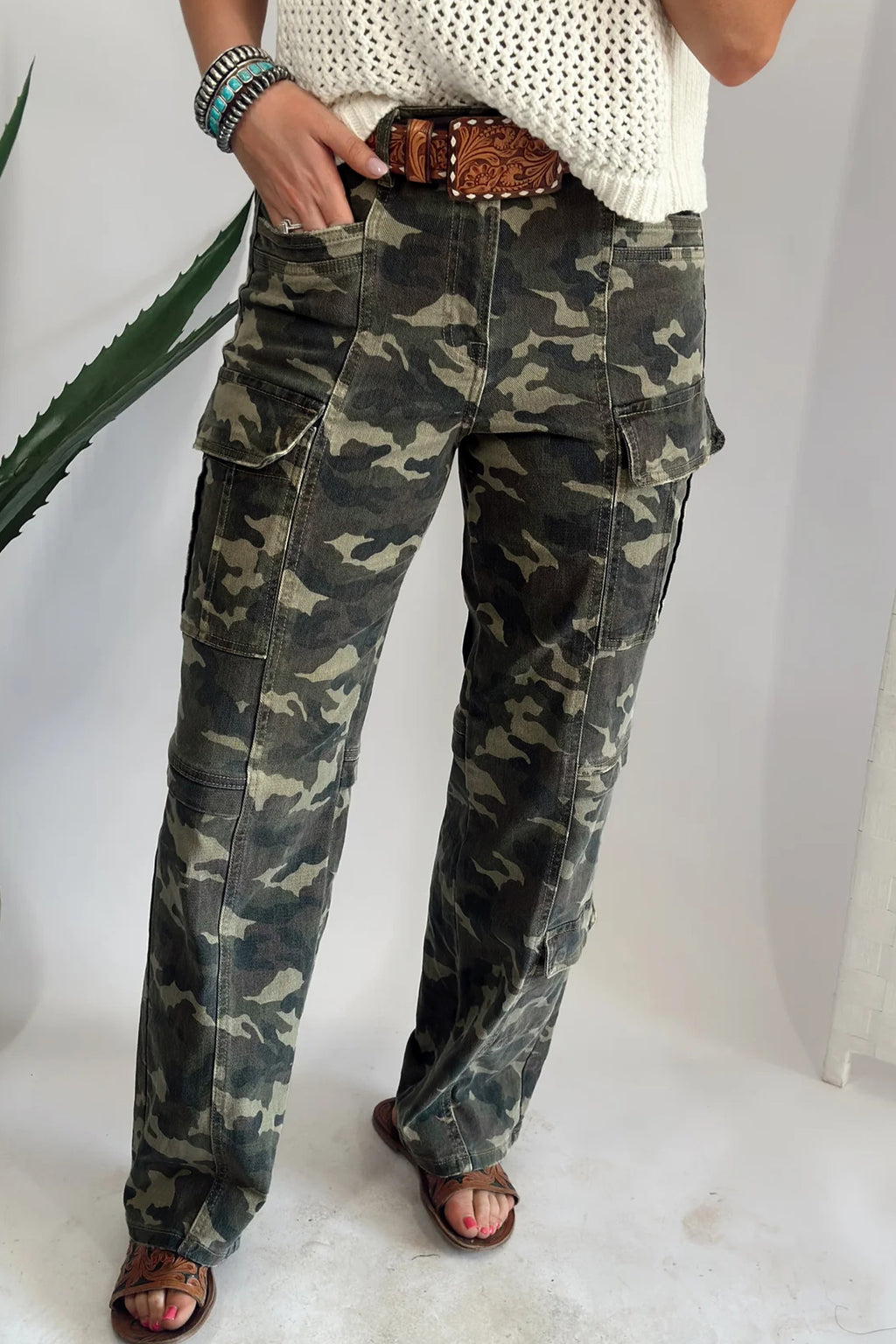 Women's Women's Green Camo Cargo Denim Jeans Multi-Pocket Stretch UK 4-16 at LivelyLooks