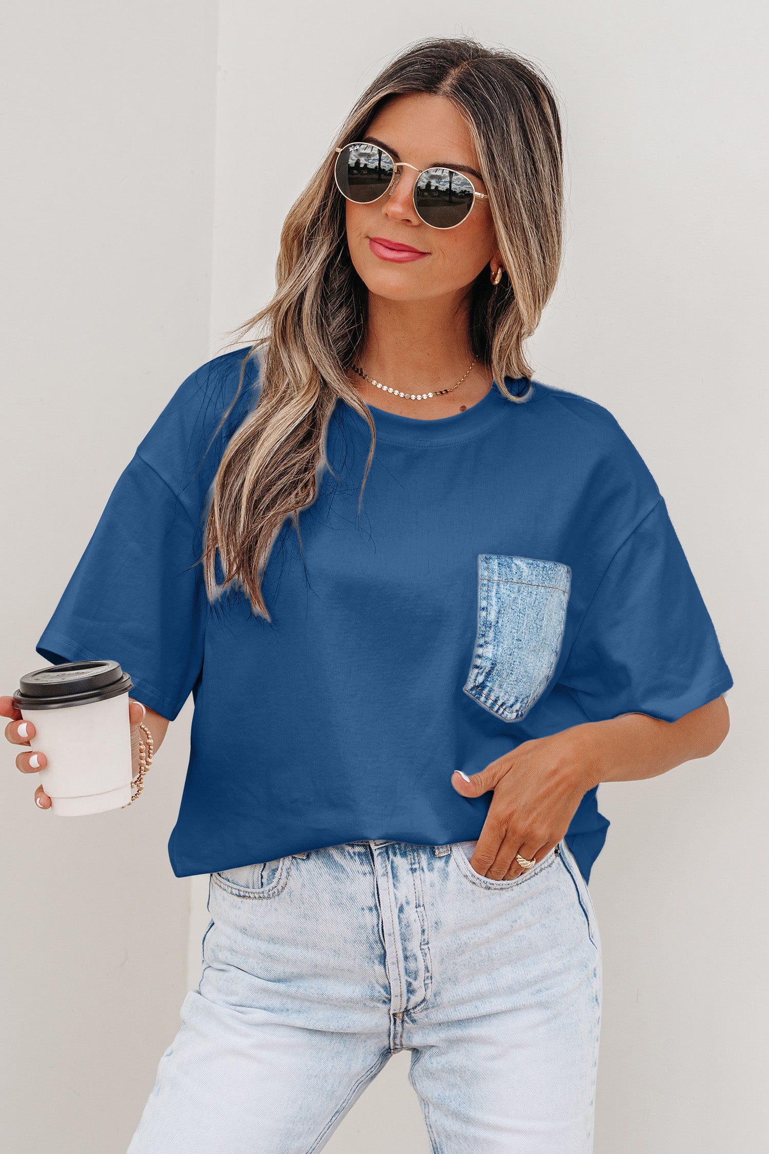 LivelyLooks Sail Blue Colour Block Chest Pocket Casual Short Sleeve Top women's fashion