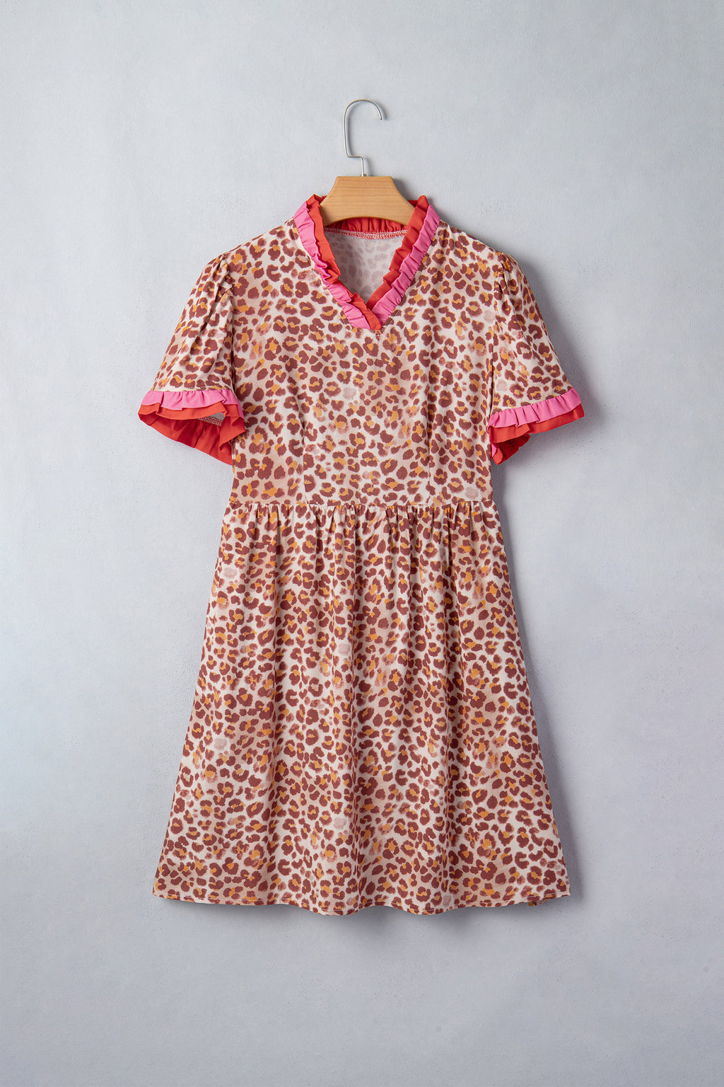 Women's Khaki Leopard High Waist Ruffled Colourblock Trim Short Dress Summer Mini Sundress at LivelyLooks