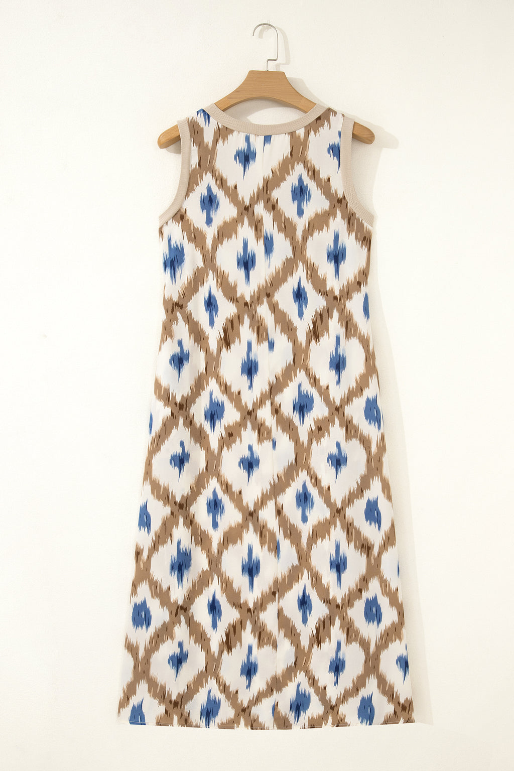 Khaki Boho Maxi Dress Abstract Print V-Neck Sleeveless UK 8-22