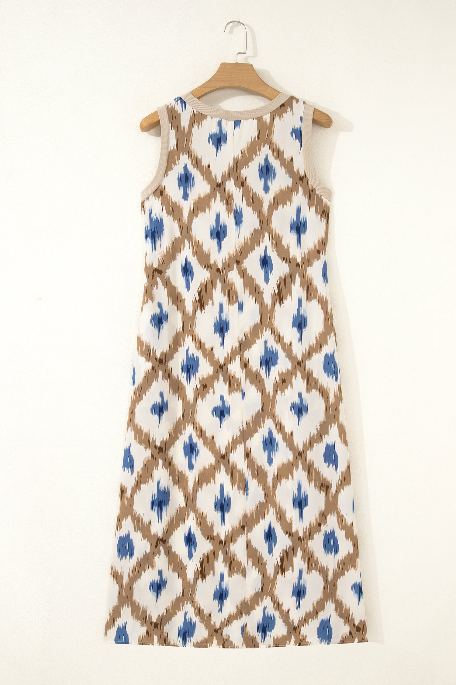 Khaki Boho Maxi Dress Abstract Print V-Neck Sleeveless UK 8-22