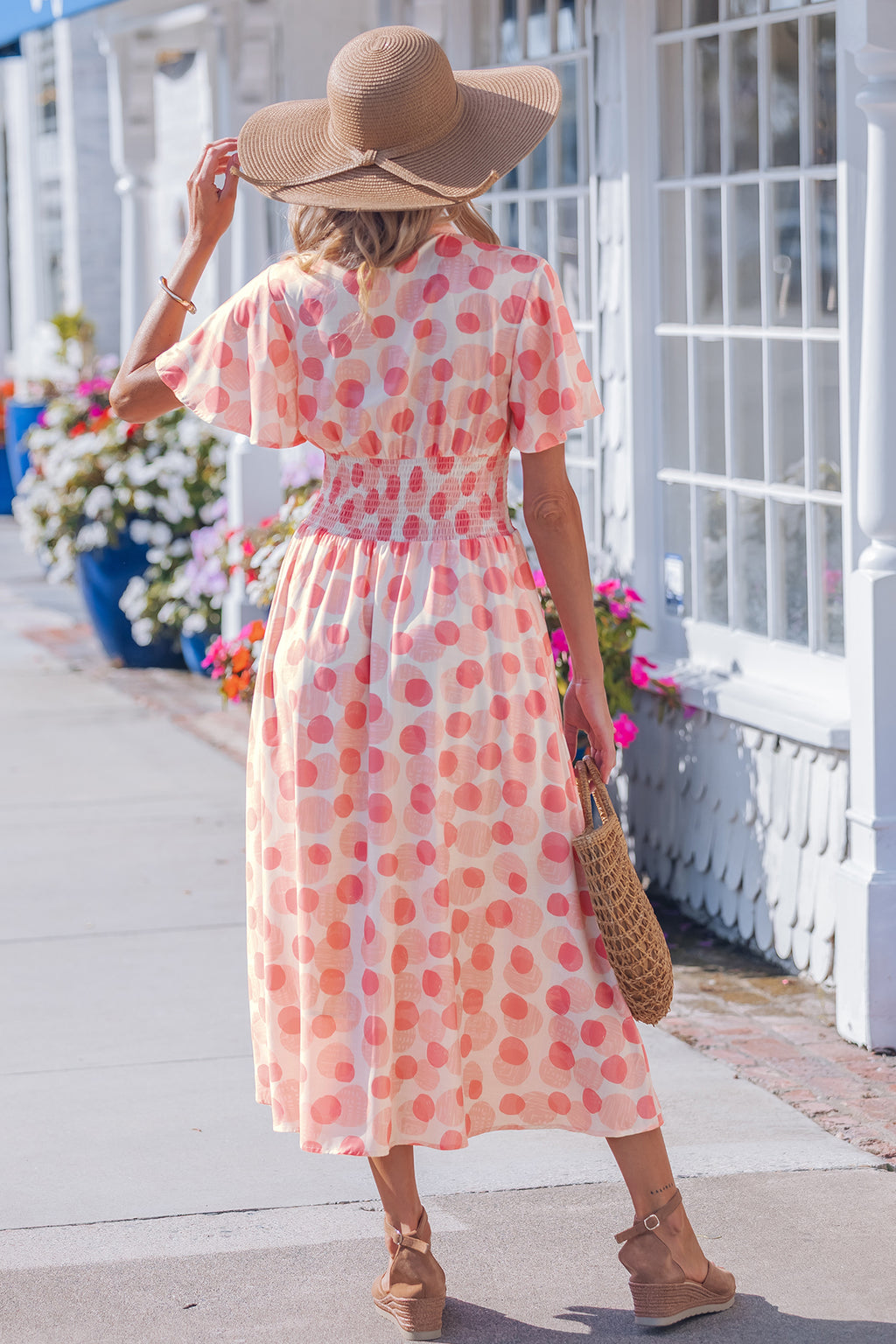 Women's Pink Polka Dot Ruffle Short Sleeve Zip-Up Maxi Dress at LivelyLooks